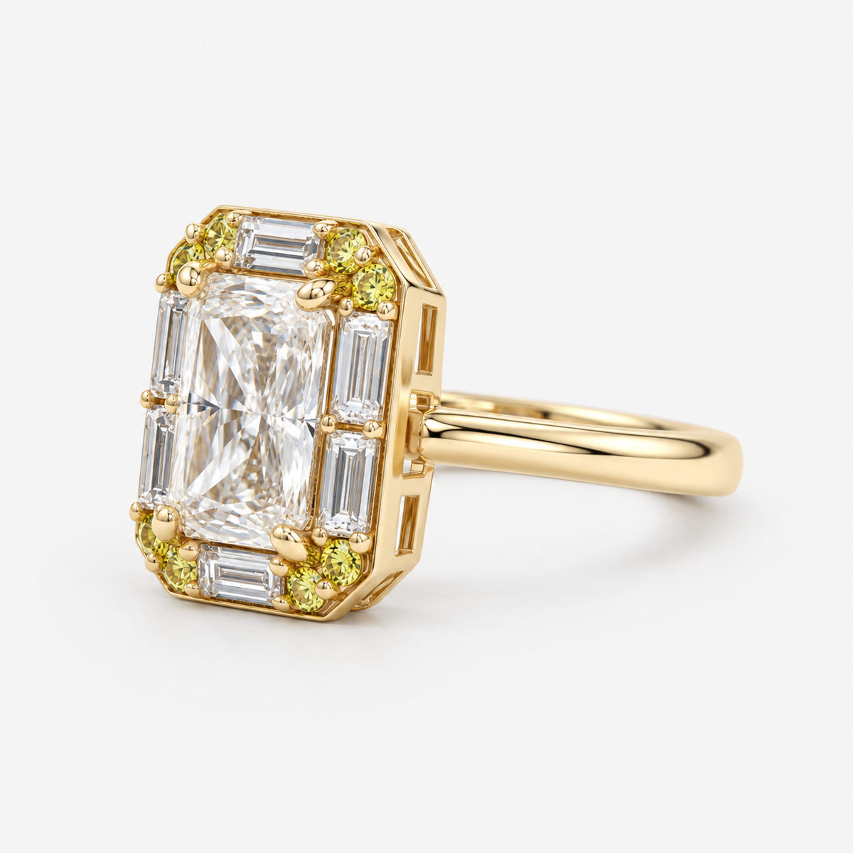 Radiant Cut Lab Grown Diamond Ring with Green Gemstone Accents in 14K Yellow Gold