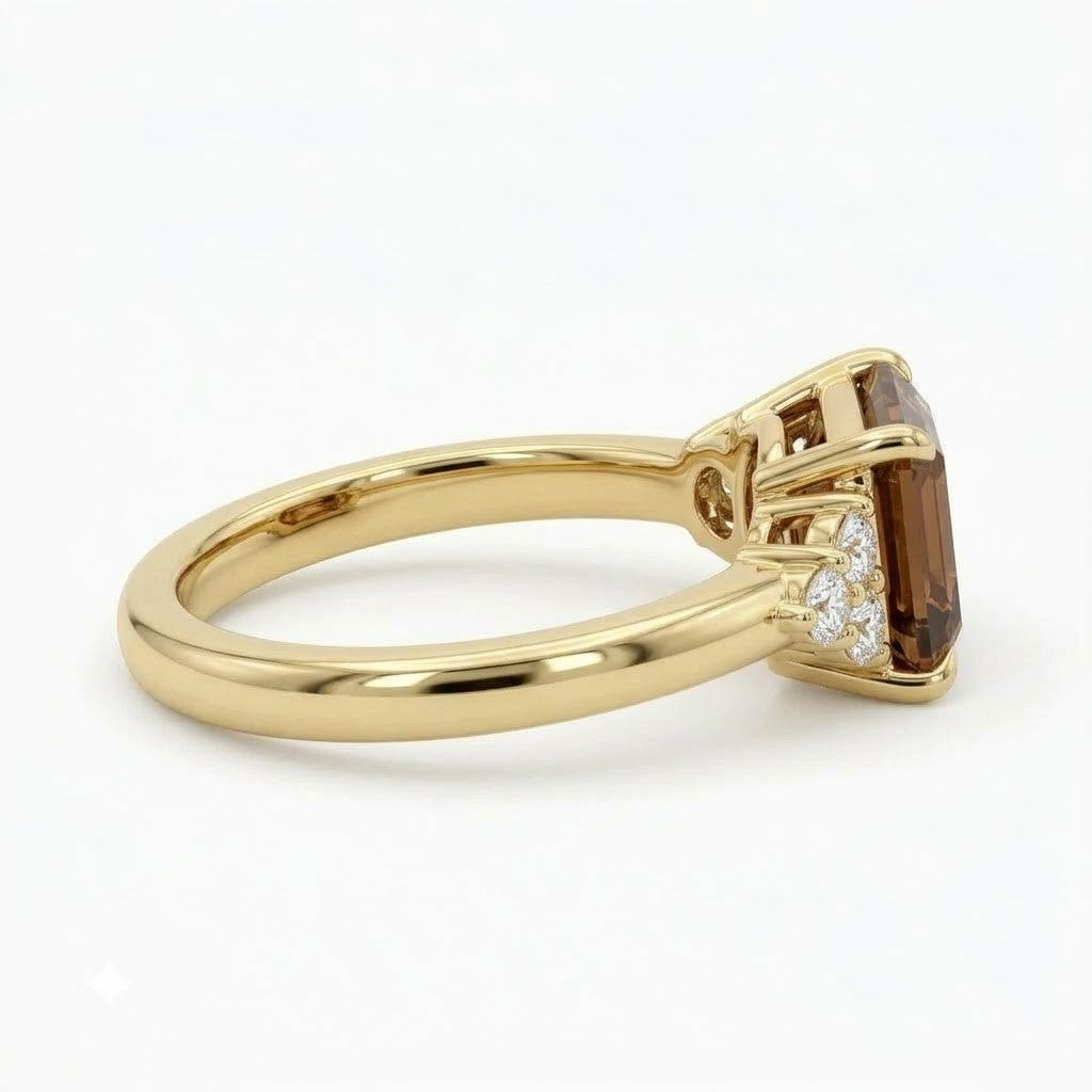 Lab Grown Diamond Emerald Step Cut Fancy Brown East-West Cluster Side Accent Engagement Ring IGI Certified in 14K Yellow Gold