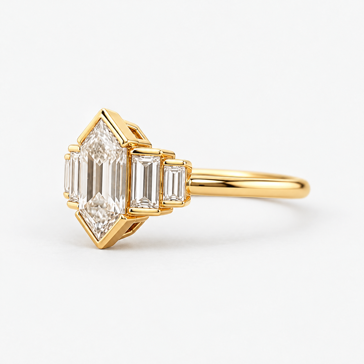 Hexagon Cut Lab Grown Diamond Engagement Ring with Baguette Side Stones in 14K Yellow Gold