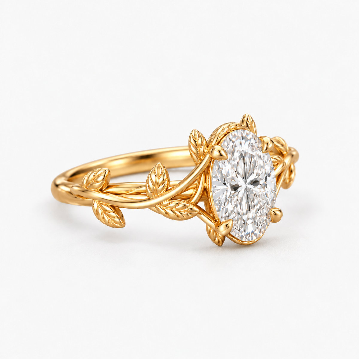 Oval Cut Diamond Vine Leaf Engagement Ring in 14K Yellow Gold