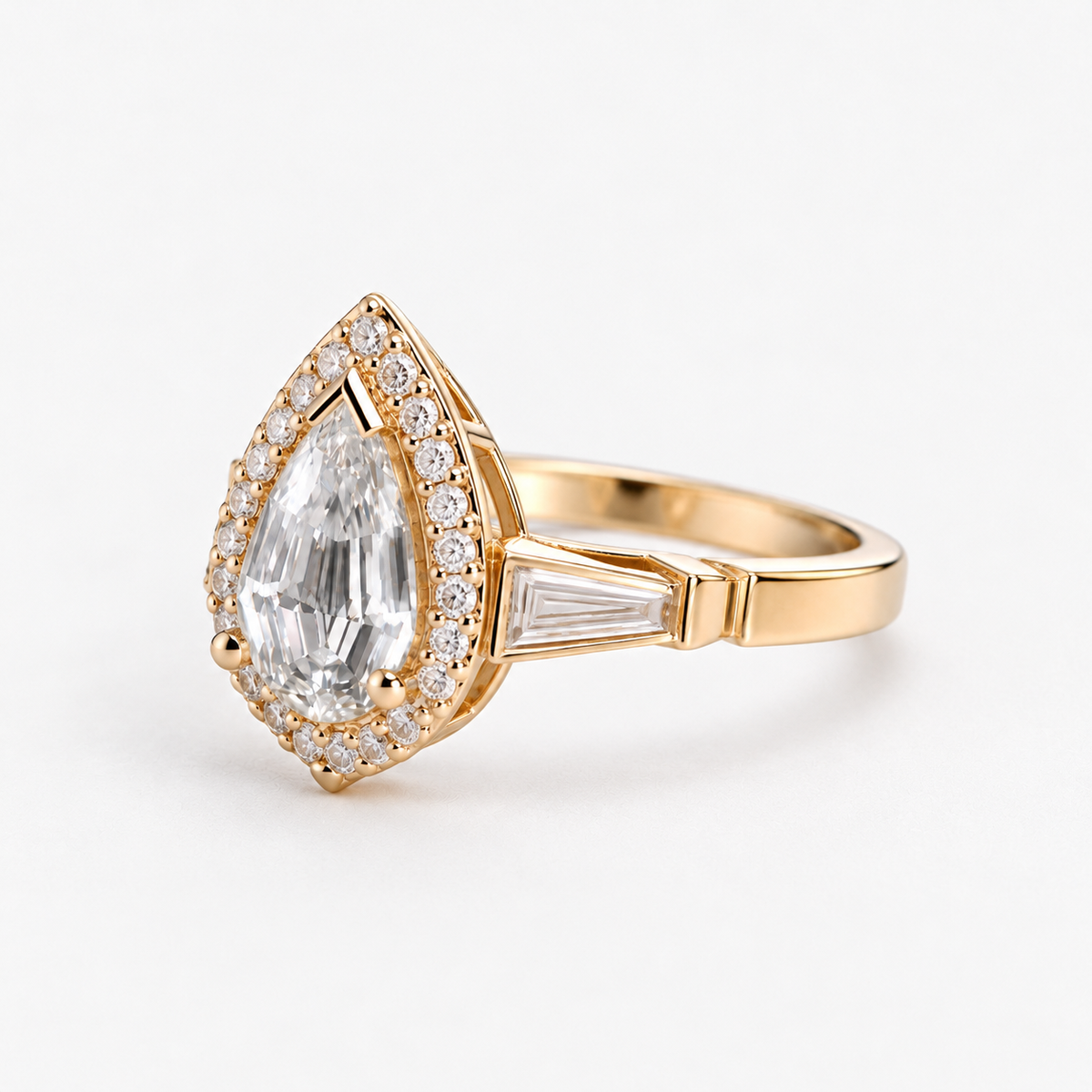 Lab Grown Diamond Pear Step Cut Micro-Pavé Halo Three-Stone Tapered Baguette Side Accent Engagement Ring IGI Certified in 14K Yellow Gold