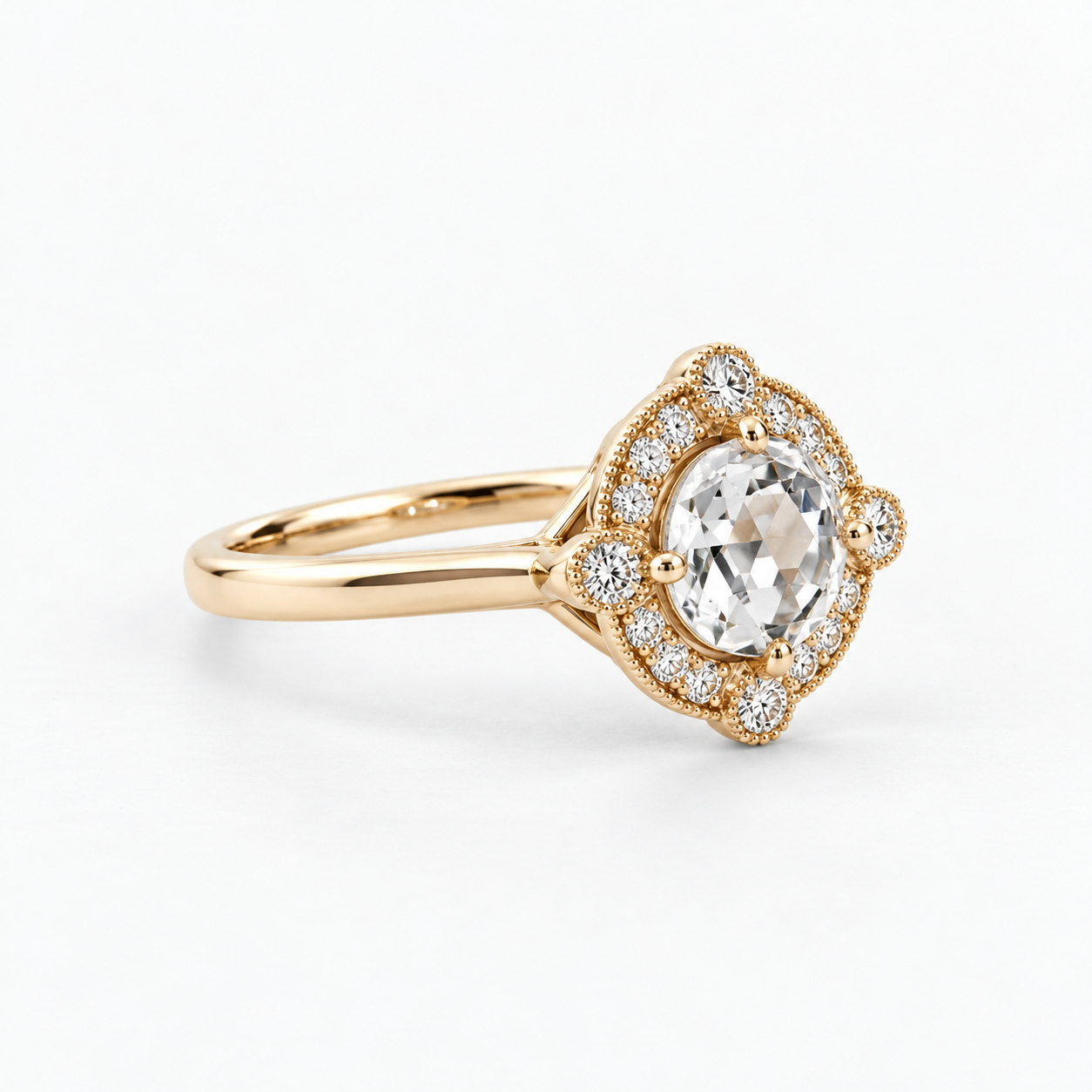 Lab Grown Diamond Round Rose Cut Vintage Milgrain Beaded Geometric Starburst Halo Engagement Ring IGI Certified in 14K Yellow Gold