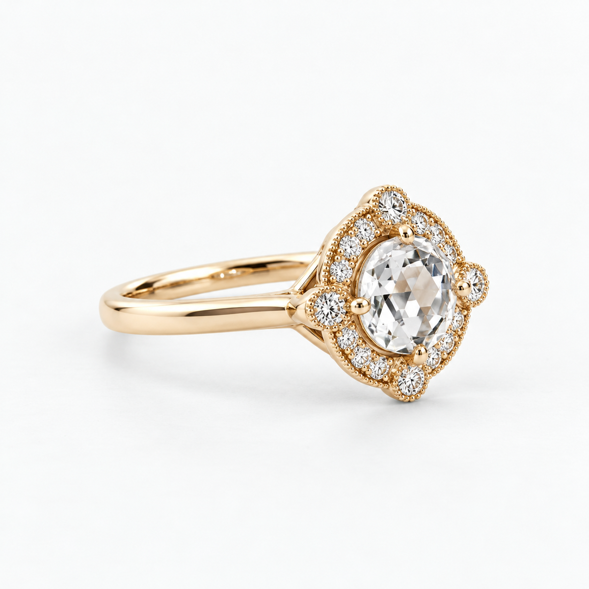 Lab Grown Diamond Round Rose Cut Vintage Milgrain Beaded Geometric Starburst Halo Engagement Ring IGI Certified in 14K Yellow Gold