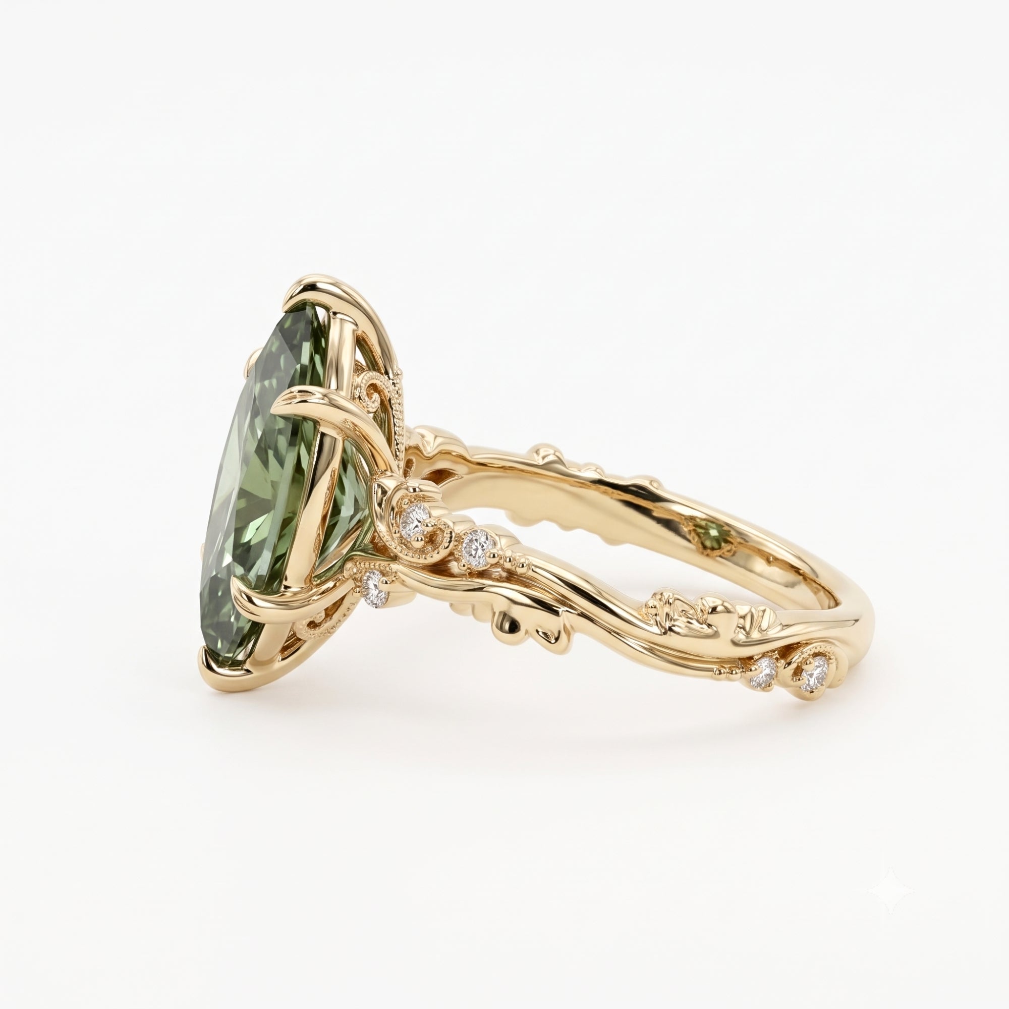 Lab Grown Diamond Green Dutch Marquise Cut with Round Diamond Side Accents in Nature-Inspired Vine Engraved Band Engagement Ring IGI Certified in 14K Yellow Gold
