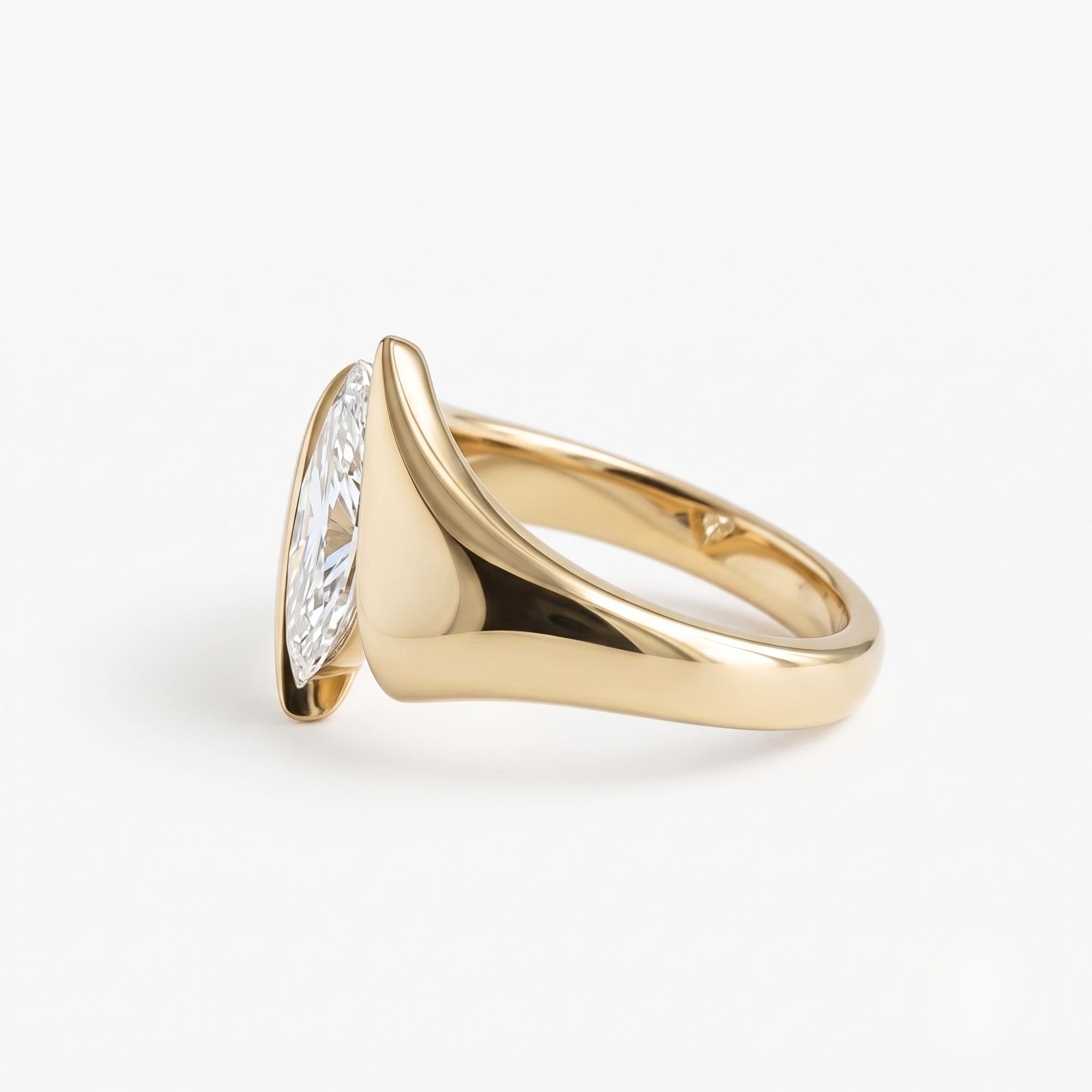 Lab Grown Diamond Marquise Cut Sculptural Winged Asymmetric Bypass Solitaire Engagement Ring IGI Certified in 14K Yellow Gold