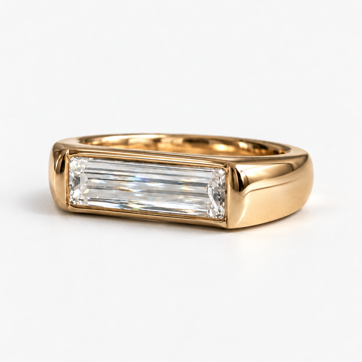 Lab Grown Diamond Straight Baguette Cut East-West Flush Bezel Thick Signet Band Engagement Ring IGI Certified in 14K Yellow Gold