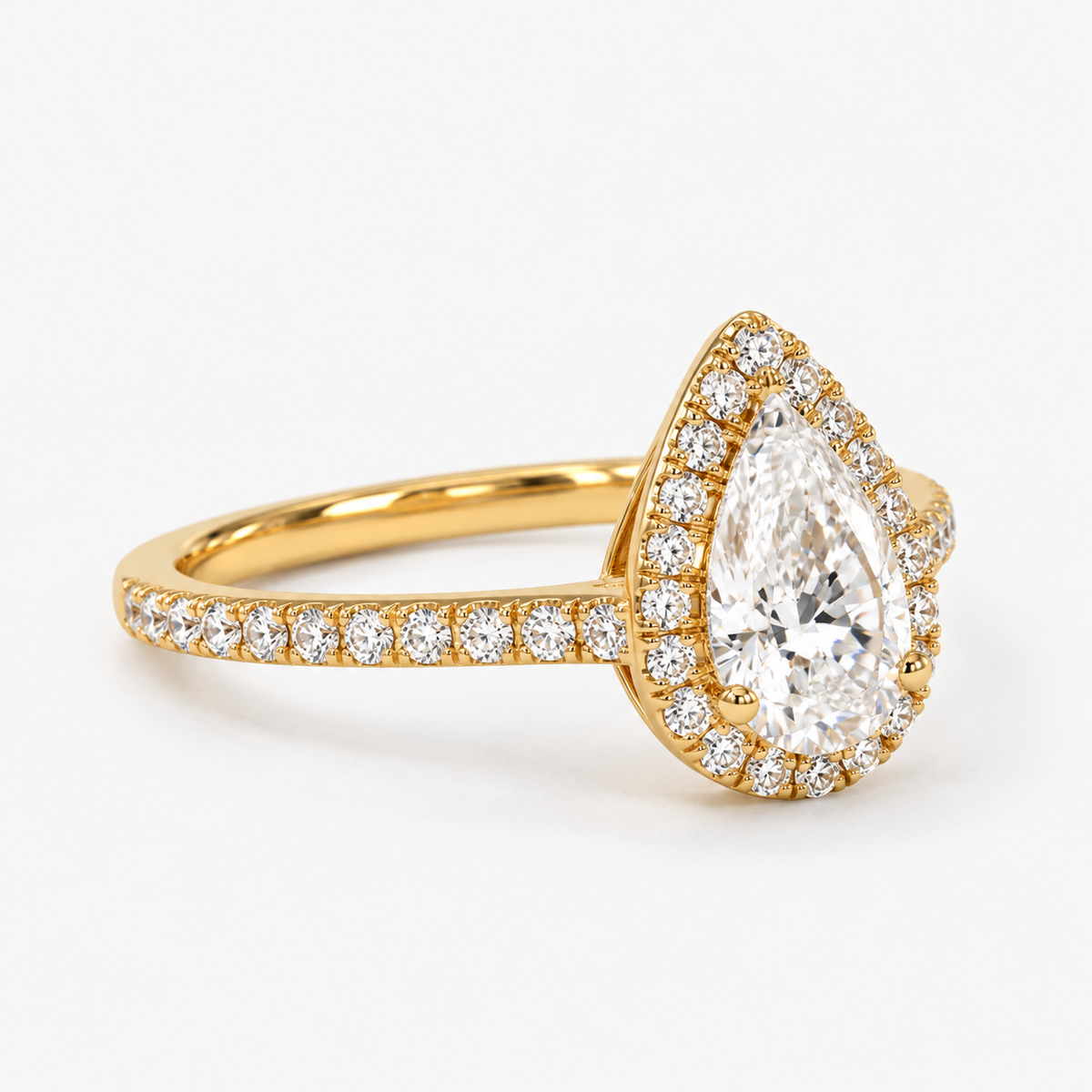 Pear Cut Halo Lab Grown Diamond Engagement Ring with Pavé Band in 14K Yellow Gold