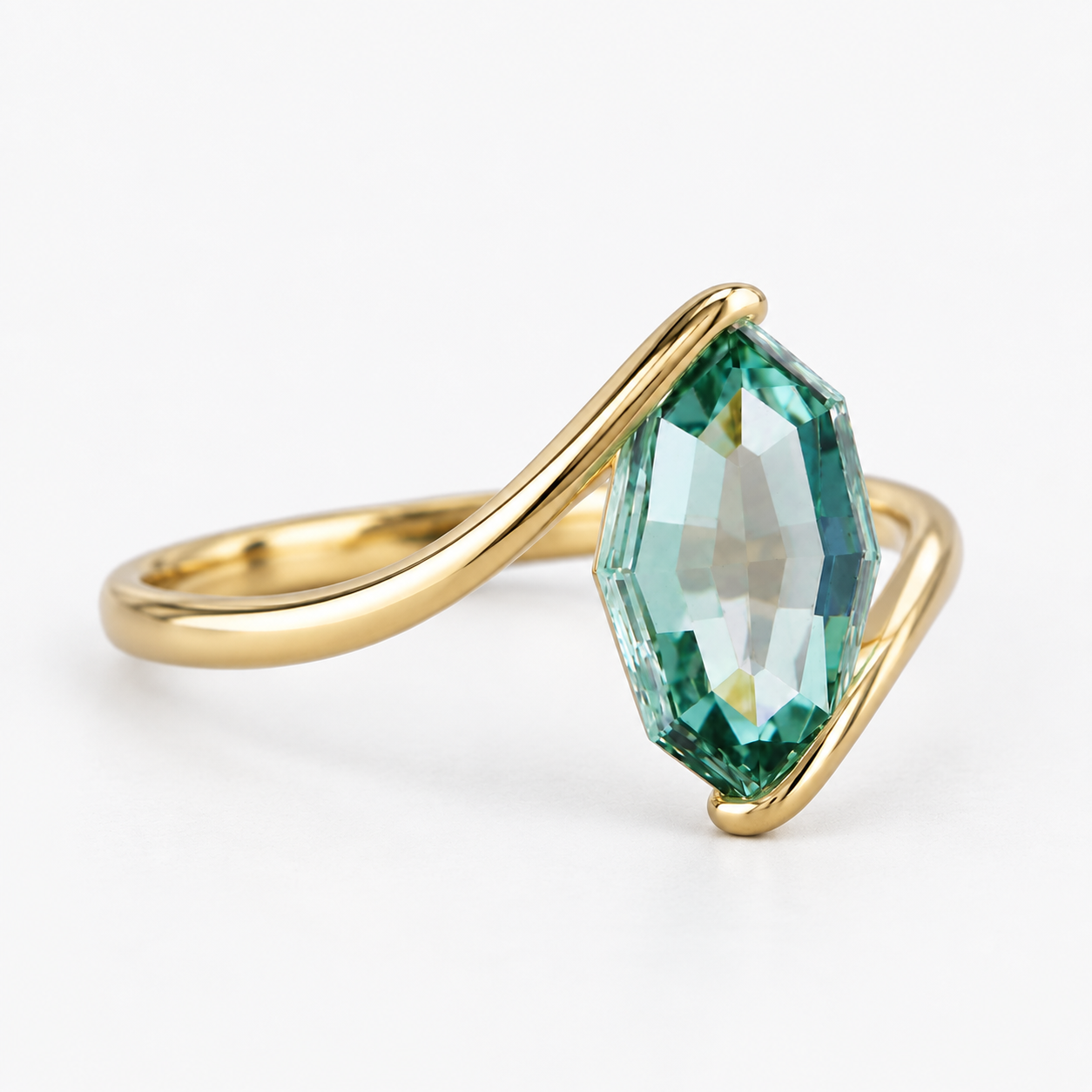 Step Cut Marquise Green Lab Grown Diamond Bypass Solitaire Engagement Ring in 14K Yellow Gold