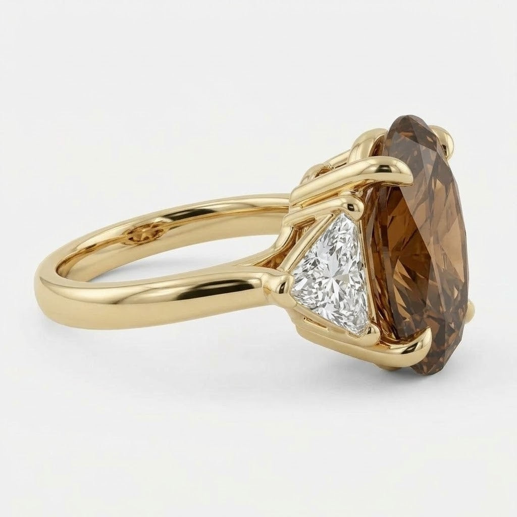 Lab Grown Diamond Fancy Champagne Oval Brilliant Cut Three-Stone Trillion Side Accent Engagement Ring IGI Certified in 14K Yellow Gold