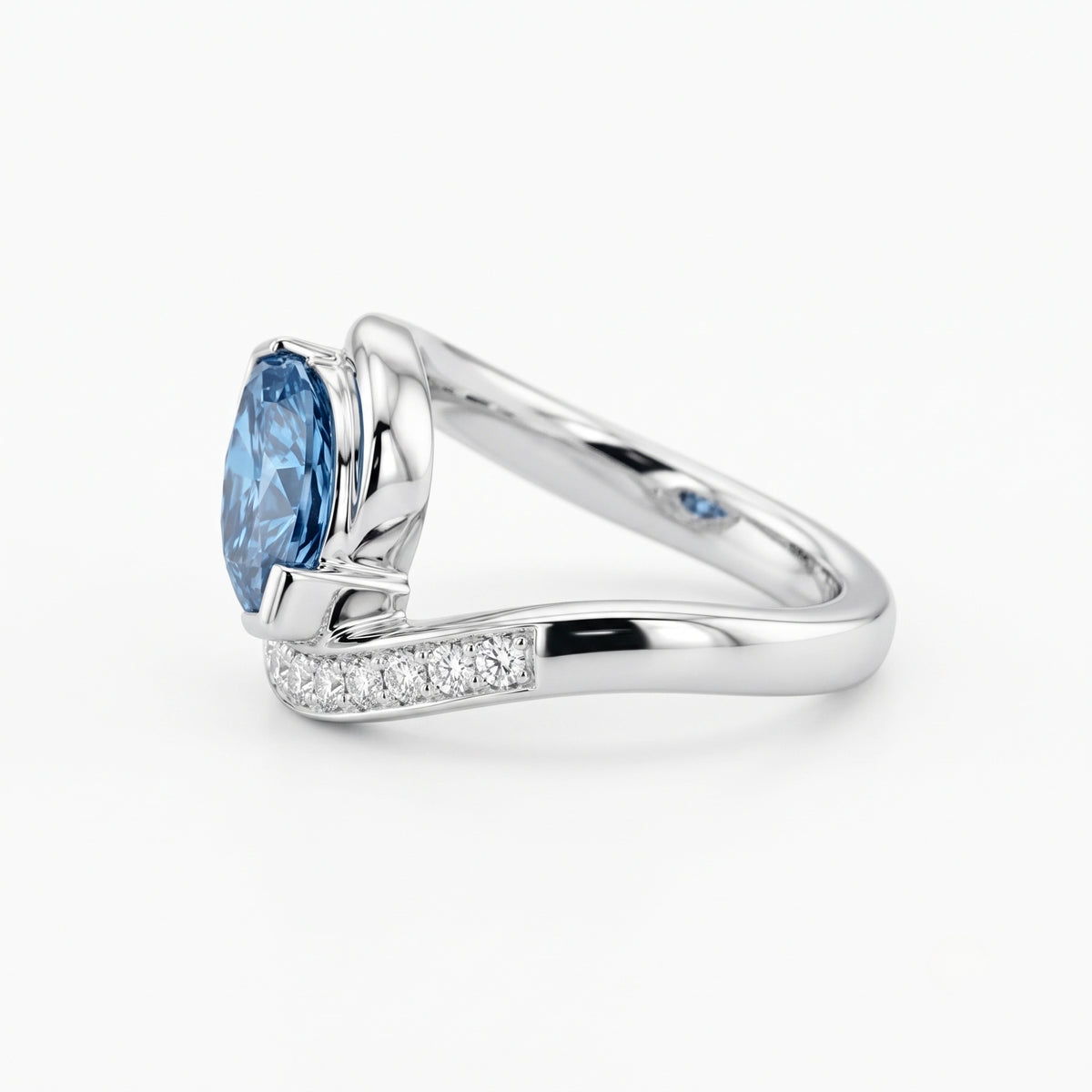 Lab Grown Diamond Fancy Blue Marquise Cut Swirl Bypass Half-Pavé Engagement Ring IGI Certified in 14K Yellow Gold