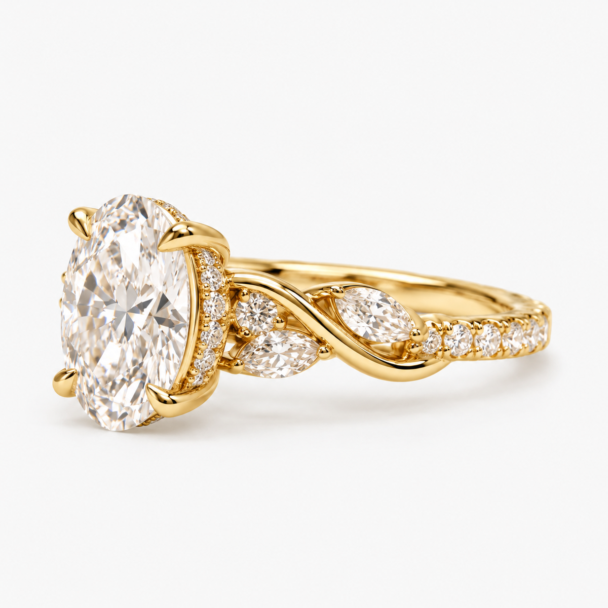 Oval Cut Lab Grown Diamond Engagement Ring with Twisted Pavé Band in 14K Yellow Gold