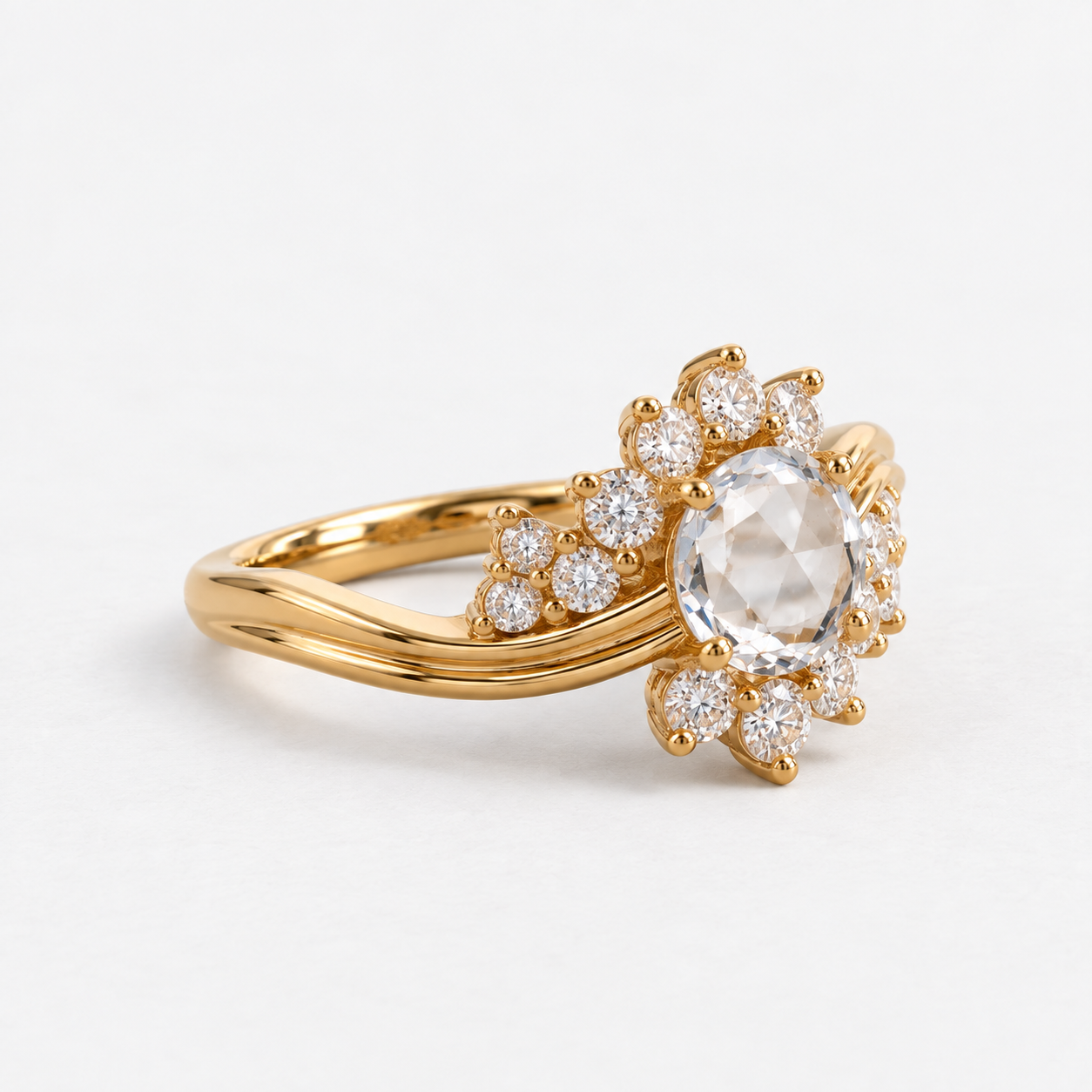 Lab Grown Diamond Round Rose Cut Floral Burst Starburst Bypass Wave Band Engagement Ring IGI Certified in 14K Yellow Gold