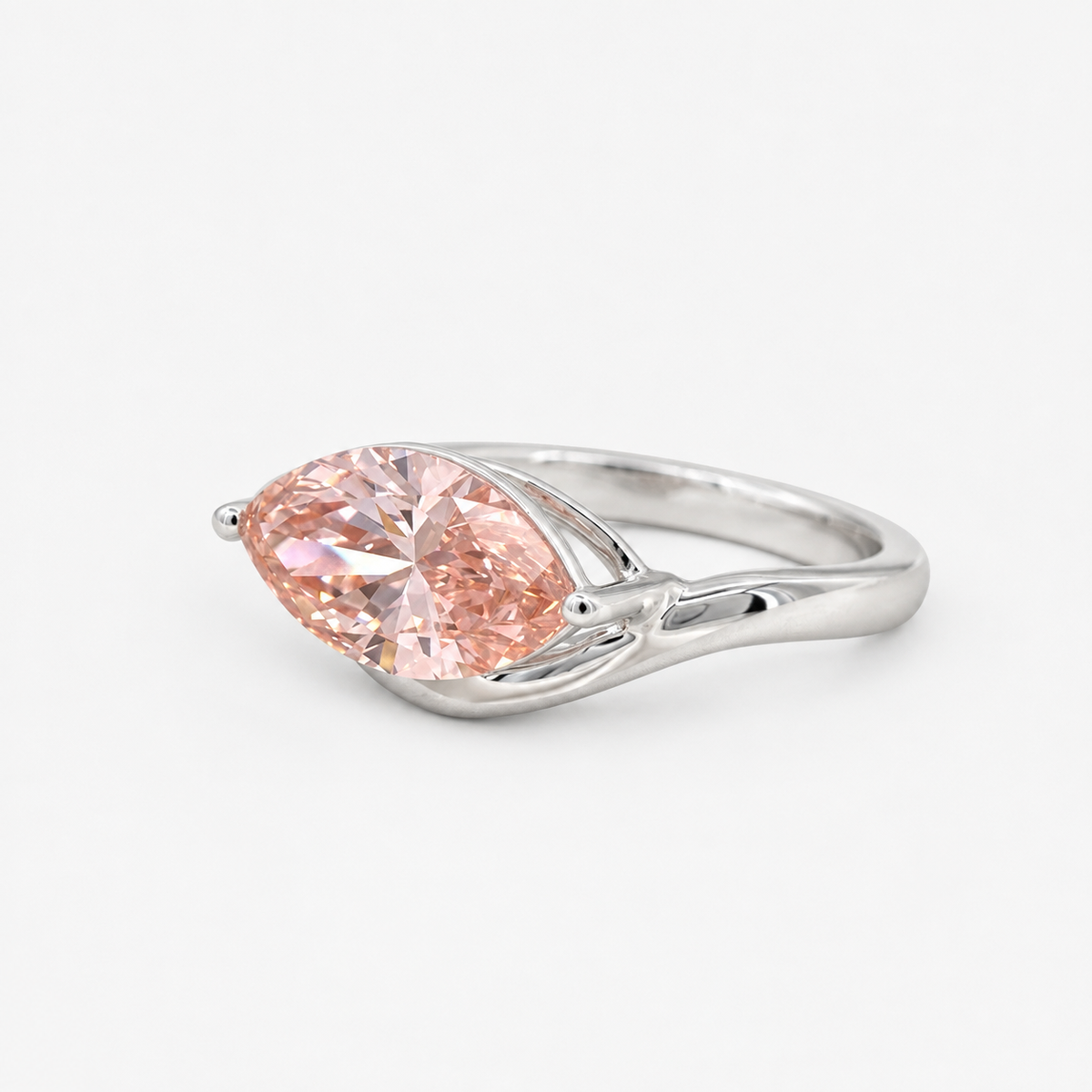 Lab Grown Diamond Fancy Pinkish Peach Marquise Cut East-West V-Contour Half Bezel Solitaire Engagement Ring IGI Certified in 14K Yellow Gold