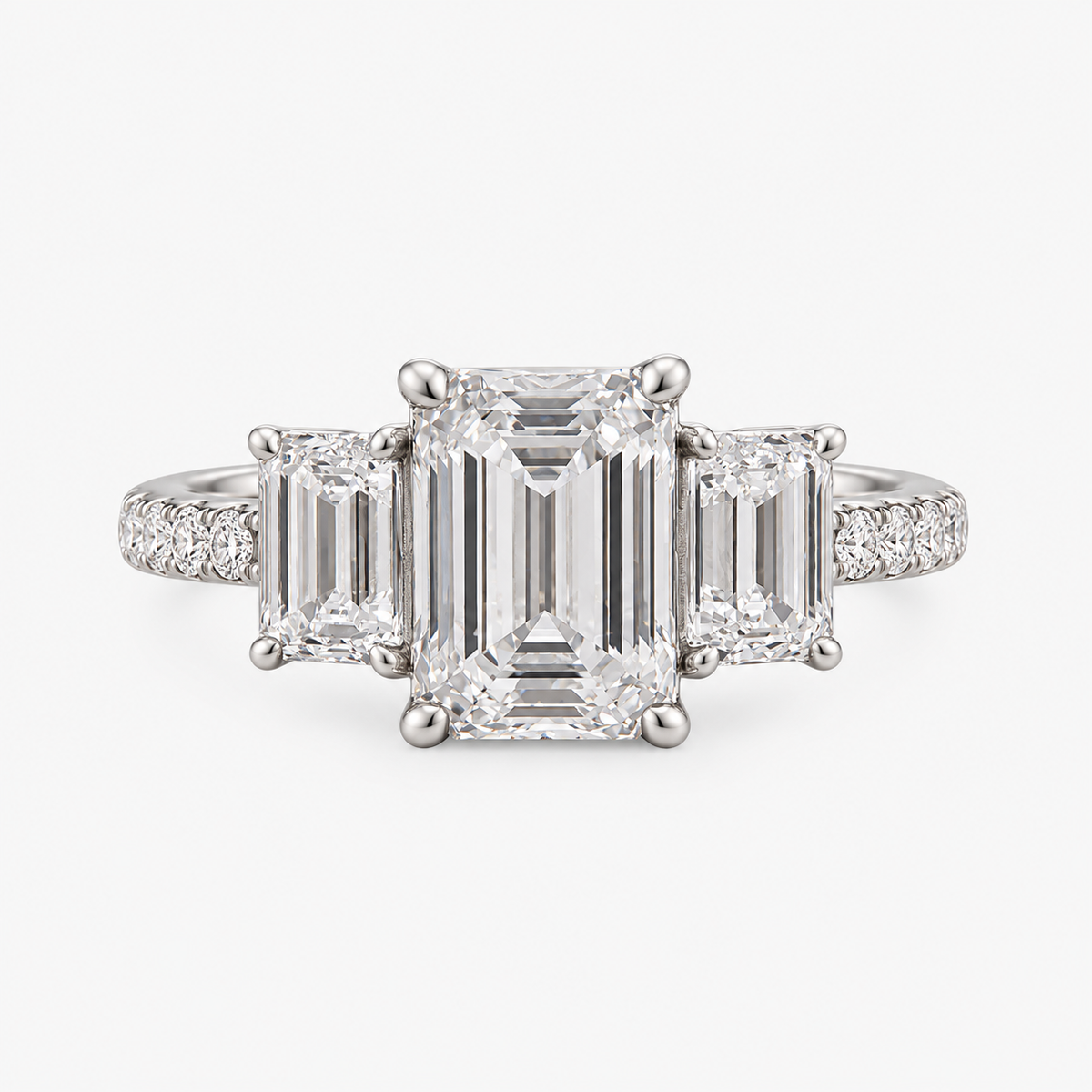 Lab Grown Diamond Emerald Cut Three-Stone Pavé Band Engagement Ring with Emerald Side Accents IGI Certified in 14K Yellow Gold