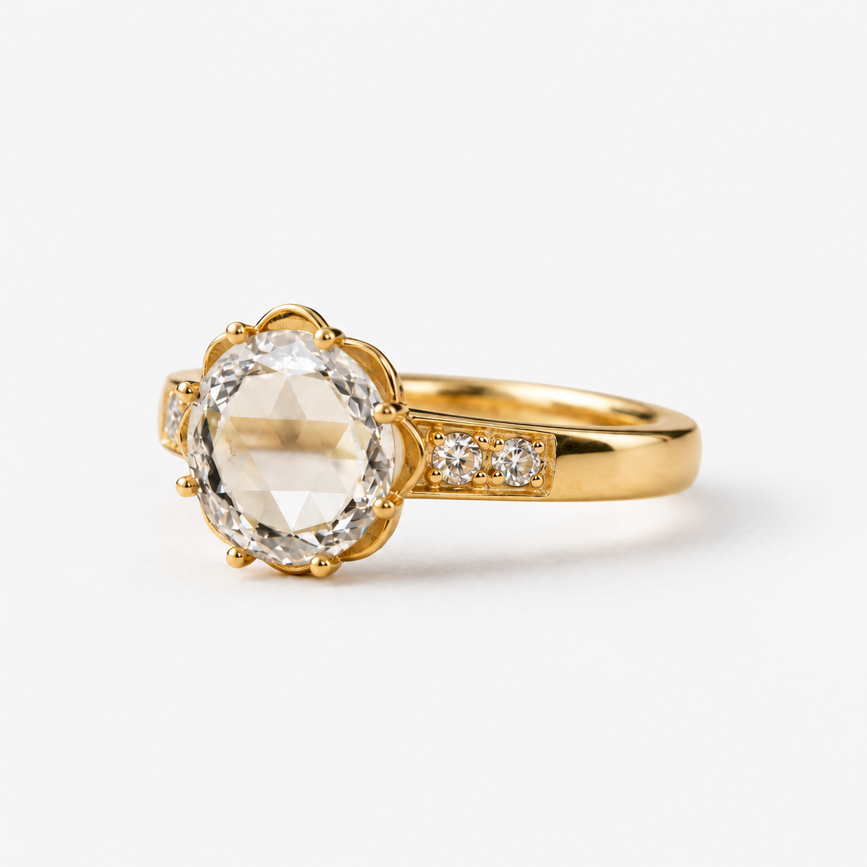 Lab Grown Diamond Round Rose Portrait Cut Lab Grown Diamond Vintage Floral Prong Set Engagement Ring with Diamond Accent Band in 14K Yellow Gold
