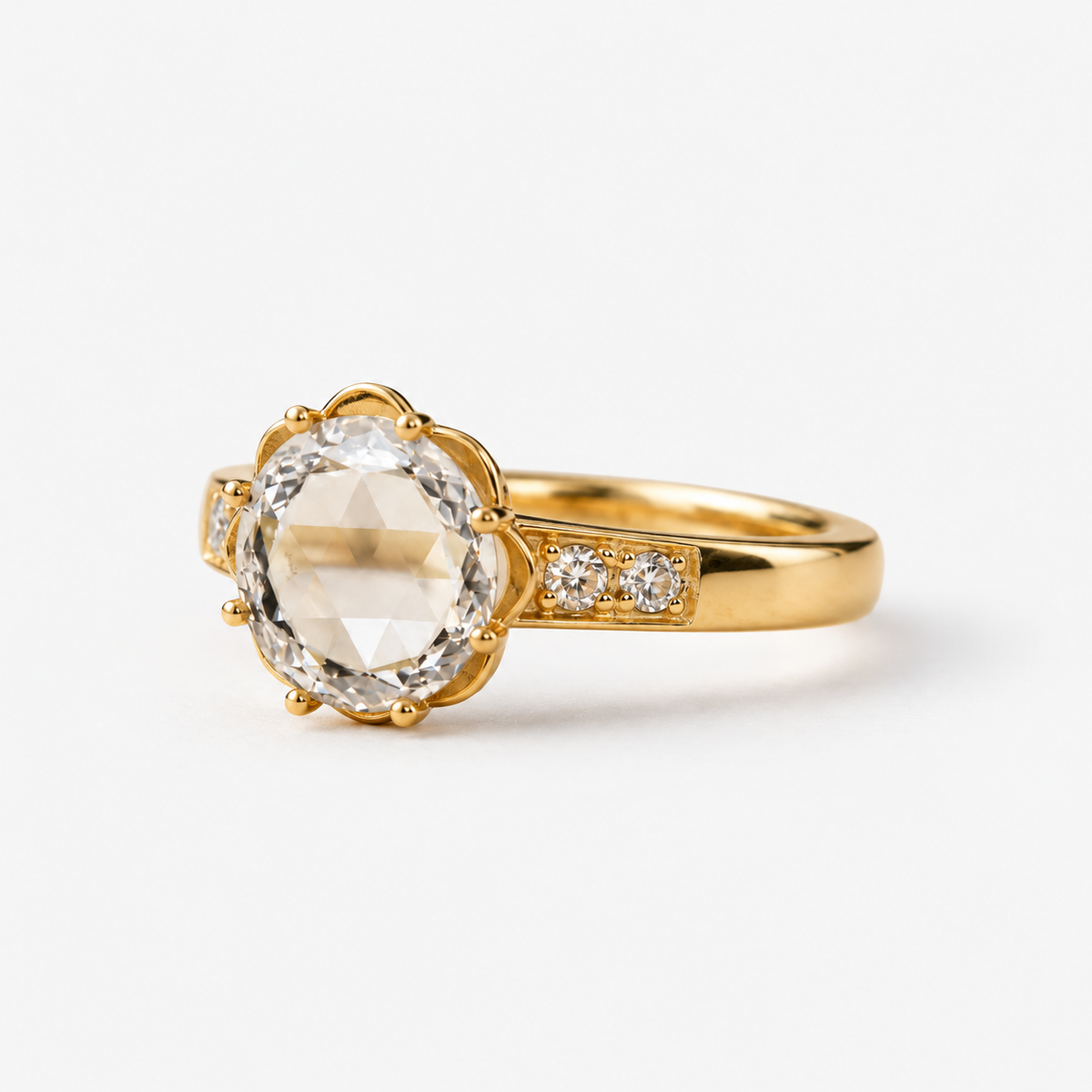 Lab Grown Diamond Round Rose Portrait Cut Lab Grown Diamond Vintage Floral Prong Set Engagement Ring with Diamond Accent Band in 14K Yellow Gold