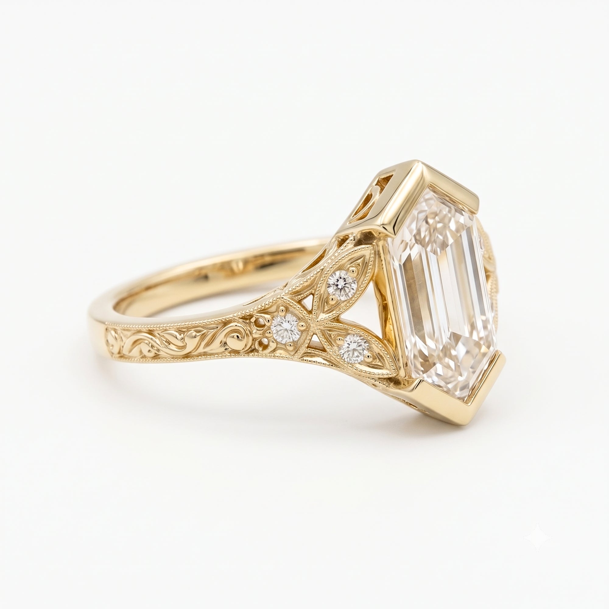 Lab Grown Diamond Elongated Hexagon Step Cut Vintage Filigree Engraved Bezel Engagement Ring with Round Side Accents IGI Certified in 14K Yellow Gold