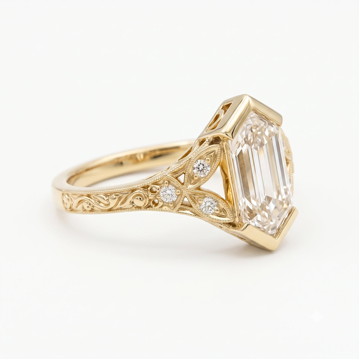 Lab Grown Diamond Elongated Hexagon Step Cut Vintage Filigree Engraved Bezel Engagement Ring with Round Side Accents IGI Certified in 14K Yellow Gold