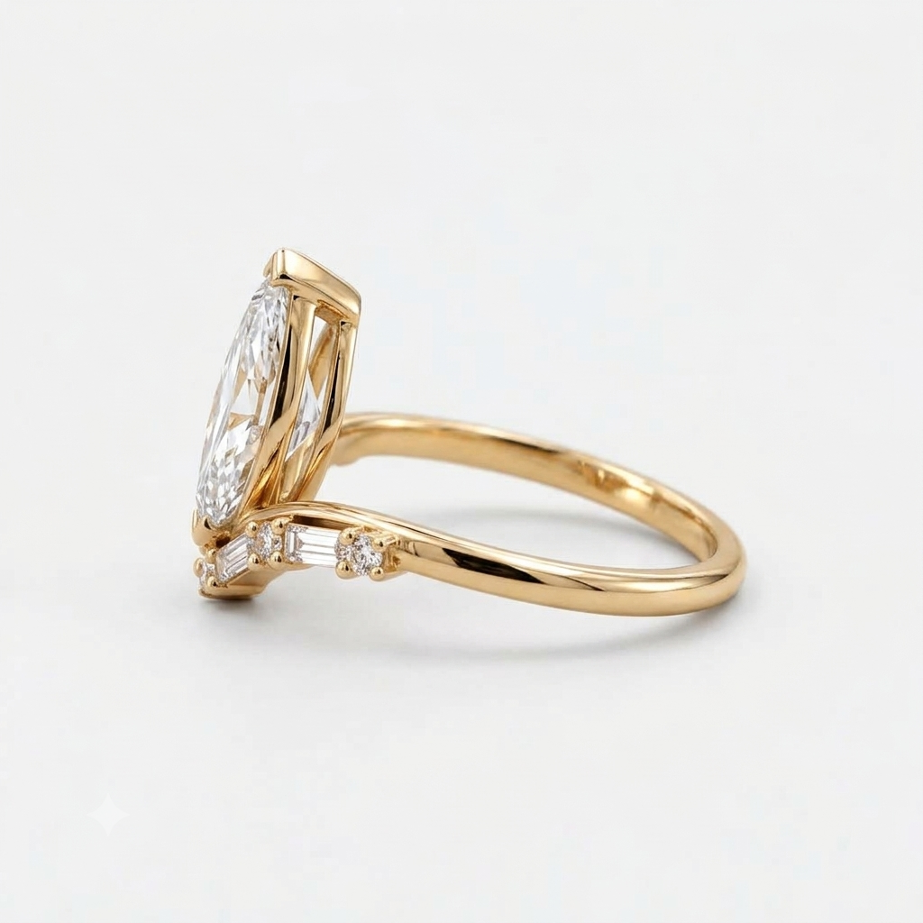 Lab Grown Diamond Marquise Step Cut Curved Chevron V-Band Baguette and Round Accent Engagement Ring IGI Certified in 14K Yellow Gold