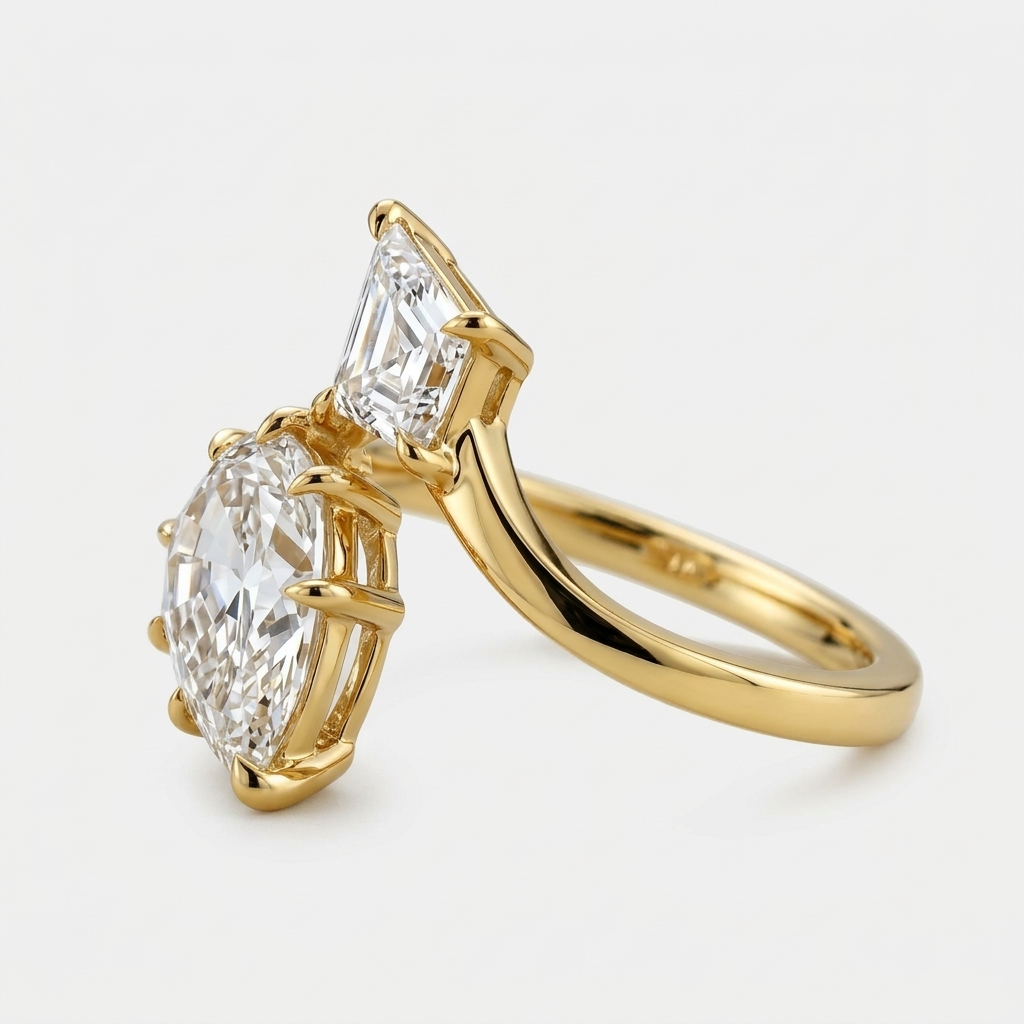 Lab Grown Diamond Step Cut Pear & Kite Cut Bypass Split Shank Engagement Ring IGI Certified in 14K Yellow Gold