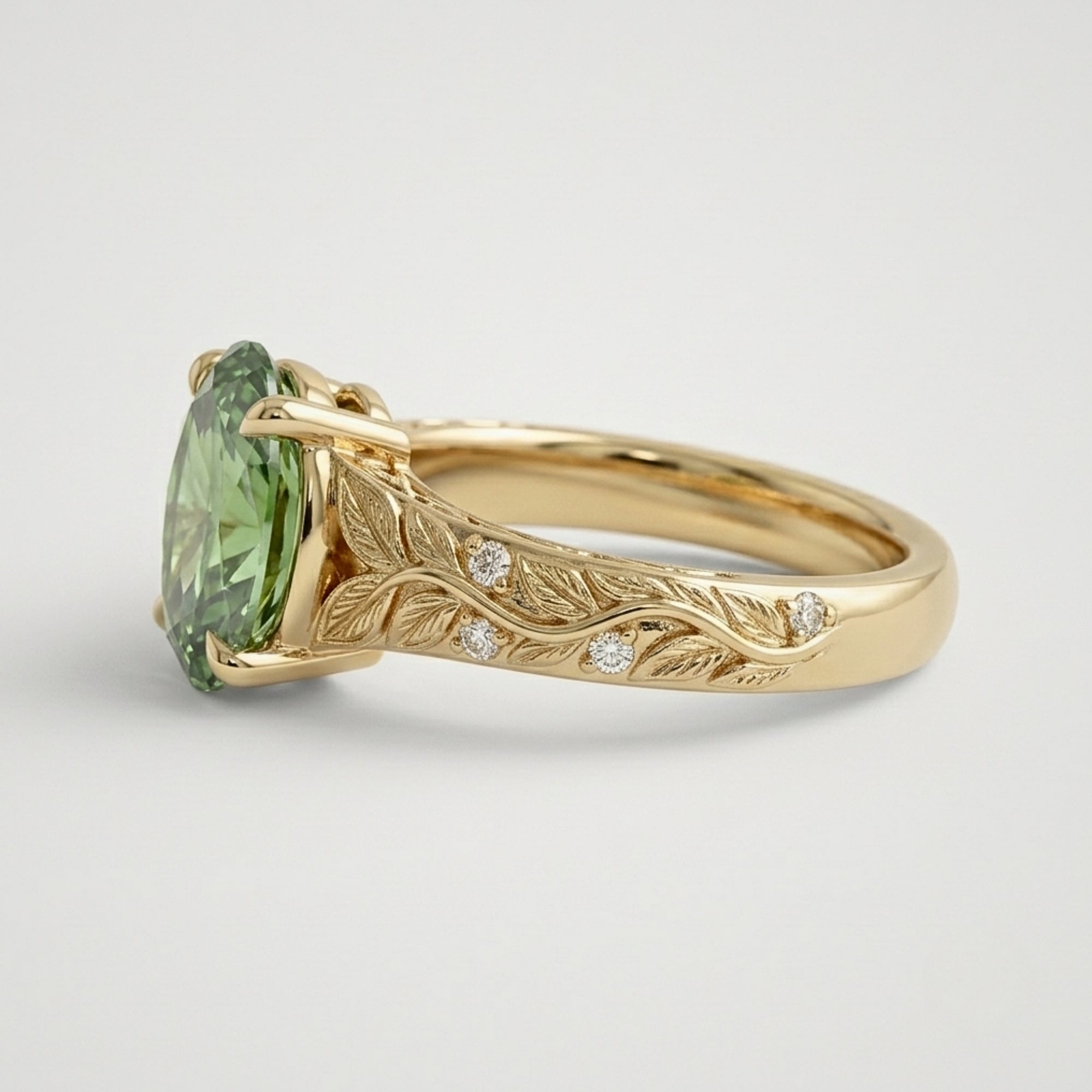 Lab Grown Diamond Oval Cut Green Diamond Nature-Inspired Leaf Engraved Vine Band Engagement Ring IGI Certified in 14K Yellow Gold