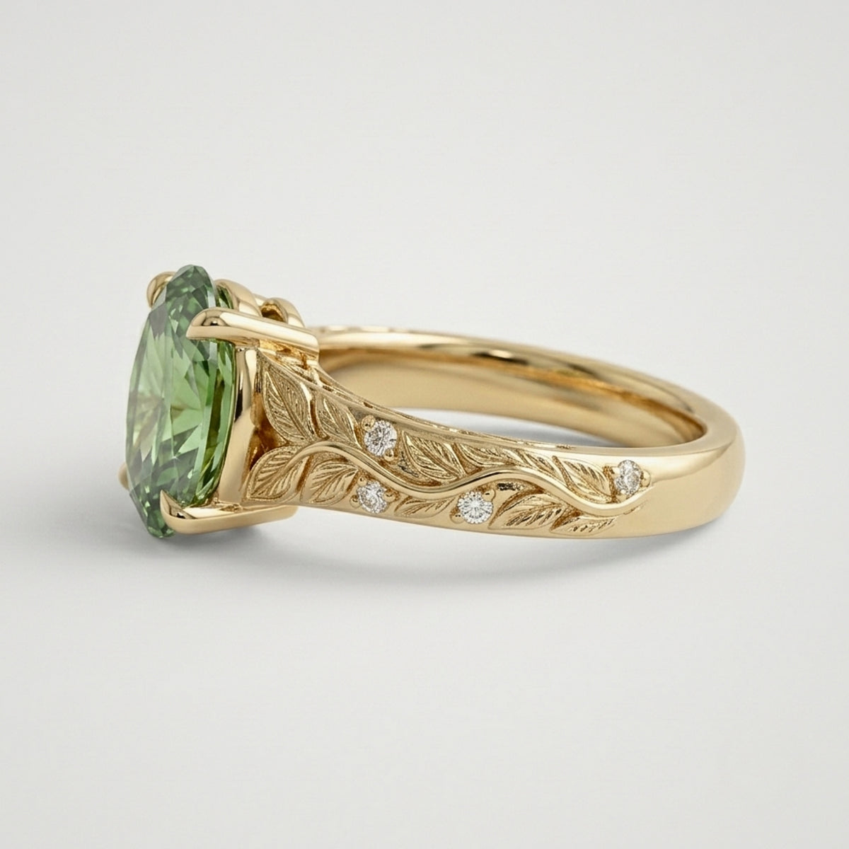 Lab Grown Diamond Oval Cut Green Diamond Nature-Inspired Leaf Engraved Vine Band Engagement Ring IGI Certified in 14K Yellow Gold