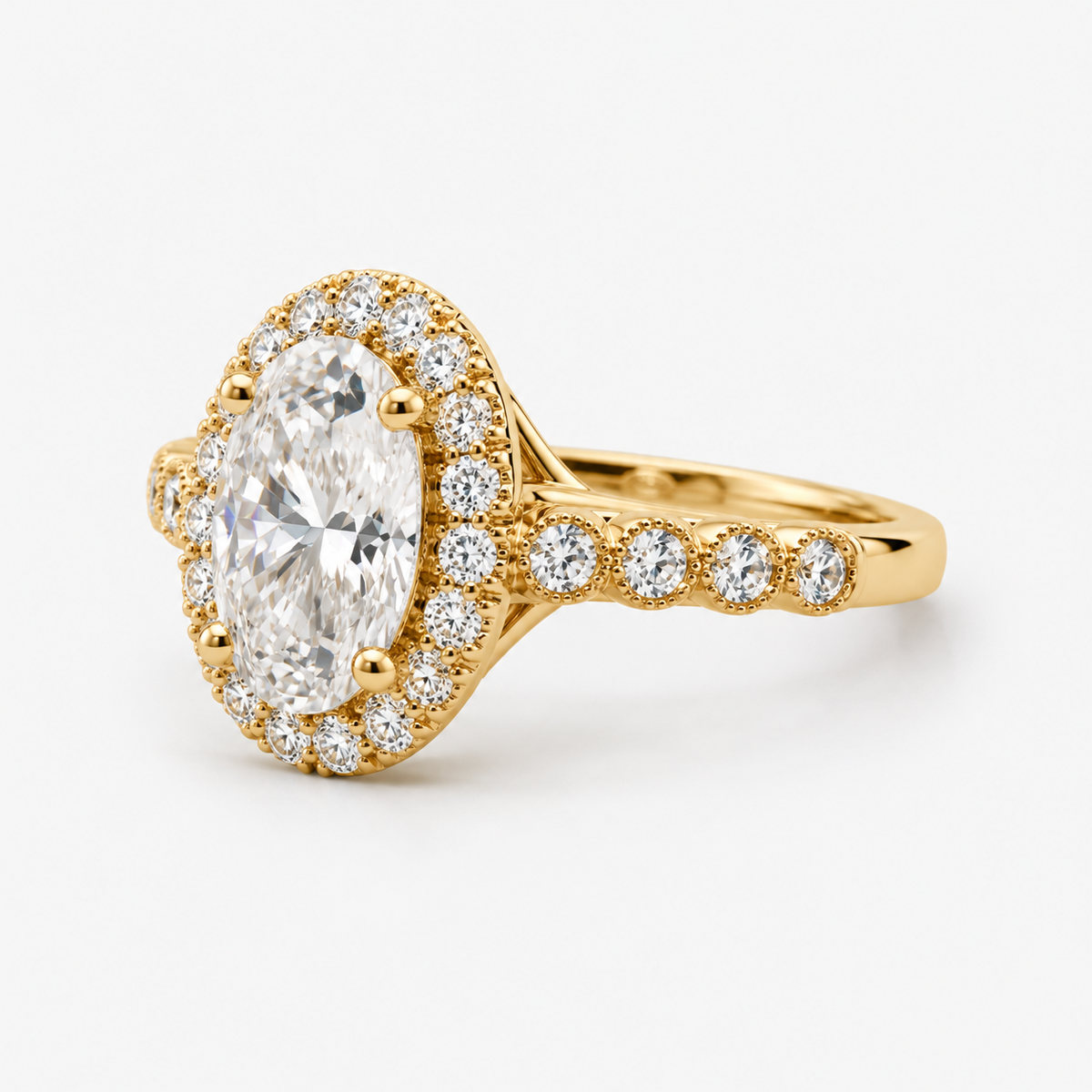 Oval Cut Halo Lab Grown Diamond Engagement Ring with Pavé Band in 14K Yellow Gold