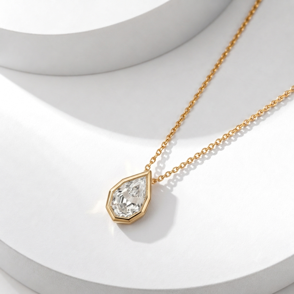 Lab Grown Diamond Step Cut Pear Bezel Pendant Necklace IGI Certified in 14K Yellow Gold