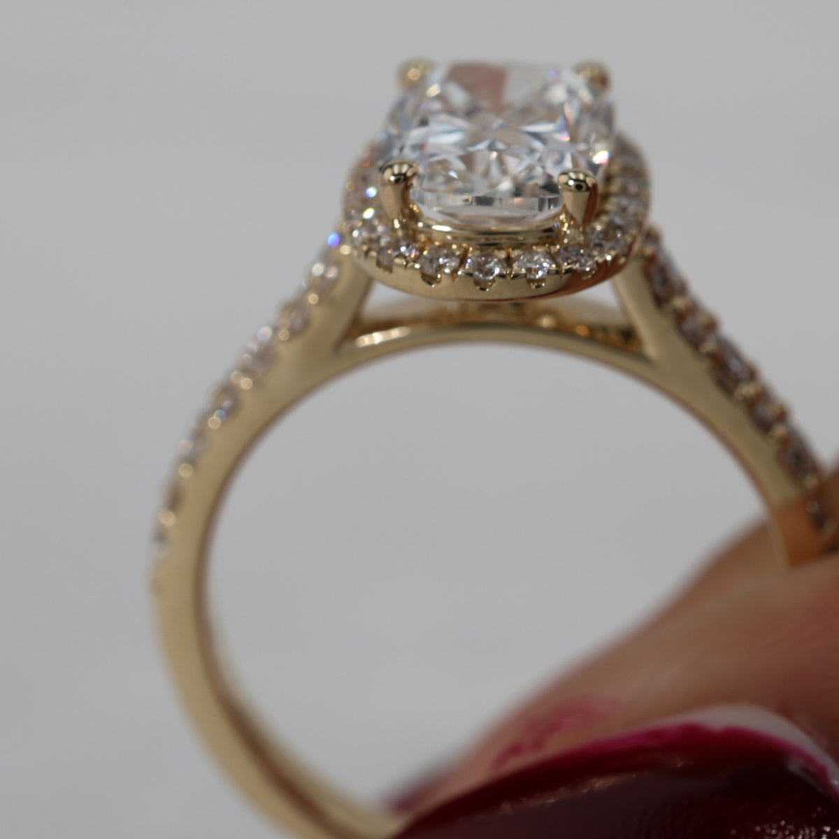 Lab Grown Diamond   Cushion Cut Diamond Halo Engagement Ring in 14K Yellow Gold