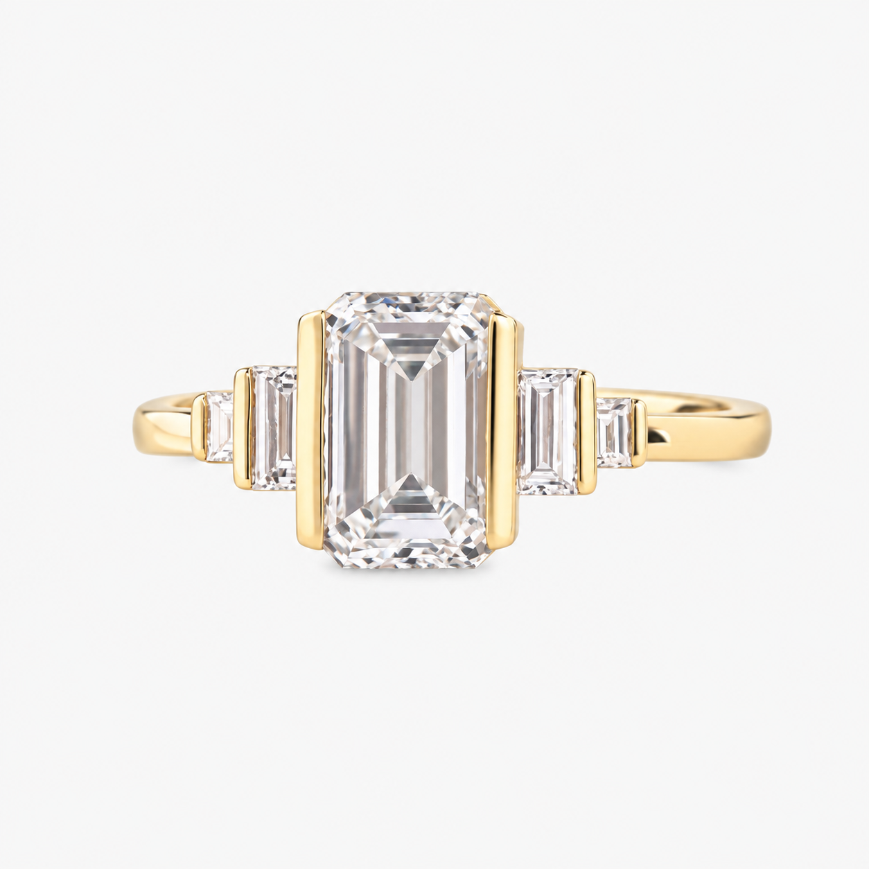 Lab Grown Diamond Emerald Step Cut Bar Set Graduated Baguette Five-Stone Engagement Ring IGI Certified in 14K Yellow Gold