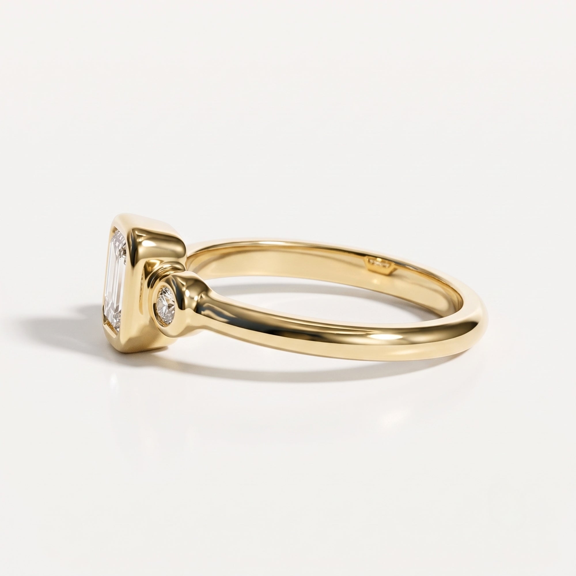 Lab Grown Diamond Elongated Emerald Cut Floating Bezel Curved Wave Nested Band Baguette Accent Engagement Ring IGI Certified in 14K Yellow Gold (Copy)