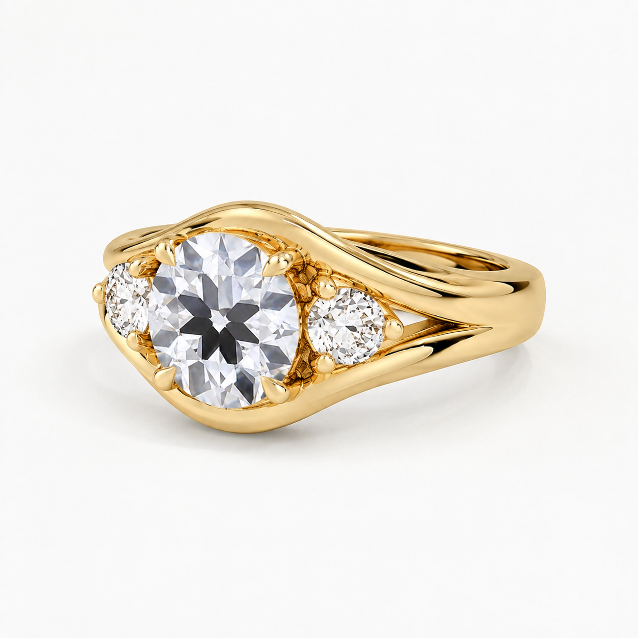 Lab Grown Diamond Round Old European Cut Three-Stone Contour Band Engagement Ring IGI Certified in 14K Yellow Gold