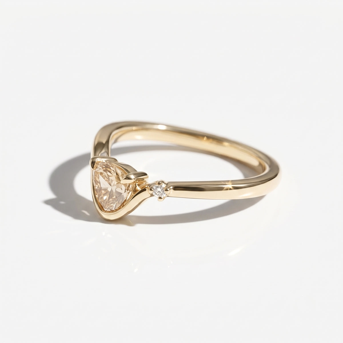 Lab Grown Diamond Uneven Cut Fancy Champagne Curved Chevron V-Band Engagement Ring with Side Accent IGI Certified in 14K Yellow Gold