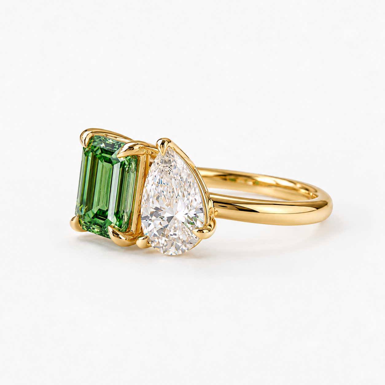 Lab Grown Diamond Emerald Cut Green & Pear Cut White Lab Grown Diamond Toi et Moi Two Stone Engagement Ring in 14K Yellow Gold