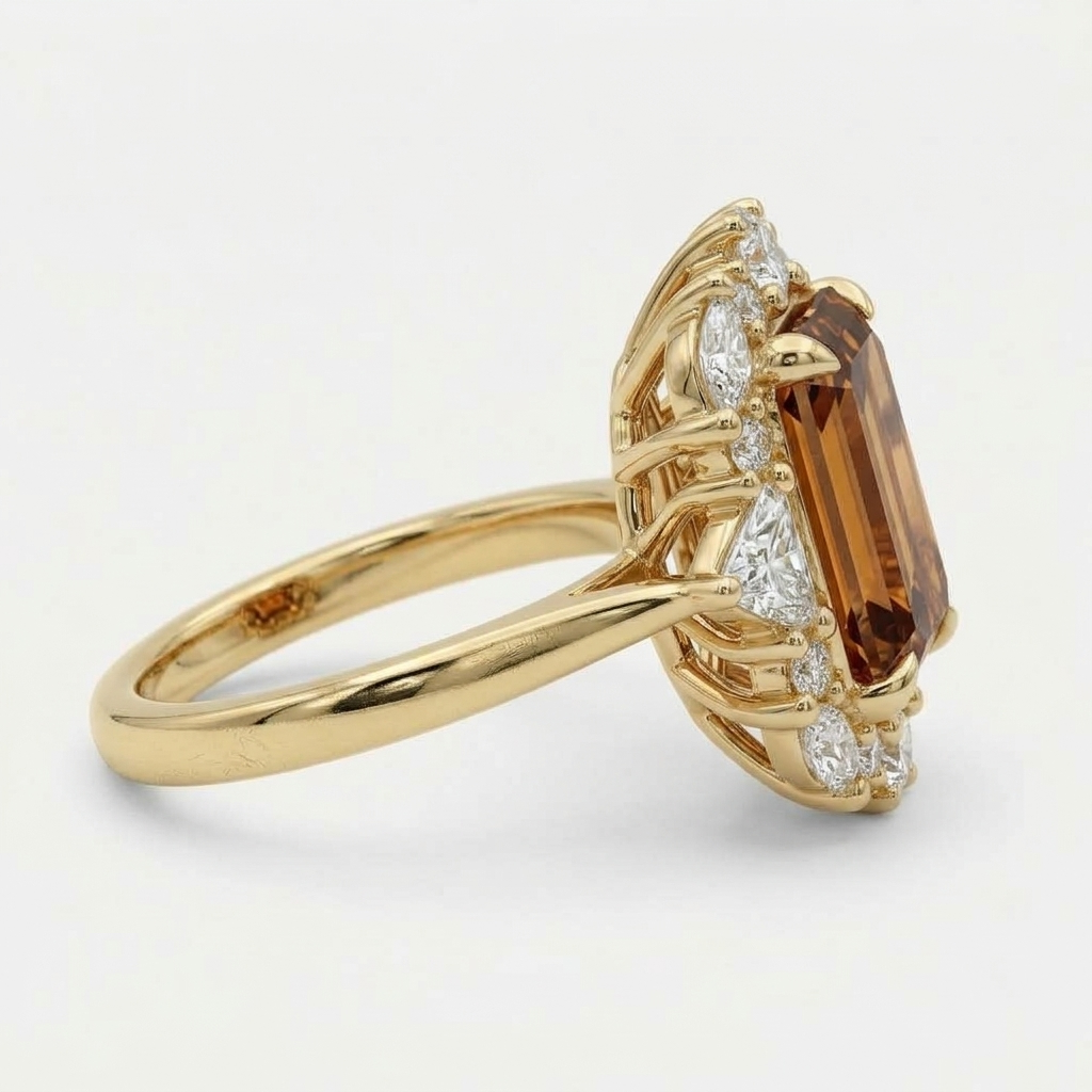 Lab Grown Diamond Fancy Cognac Champagne Emerald Cut Vintage Floral Cluster Halo Engagement Ring IGI Certified in 14K Yellow Gold