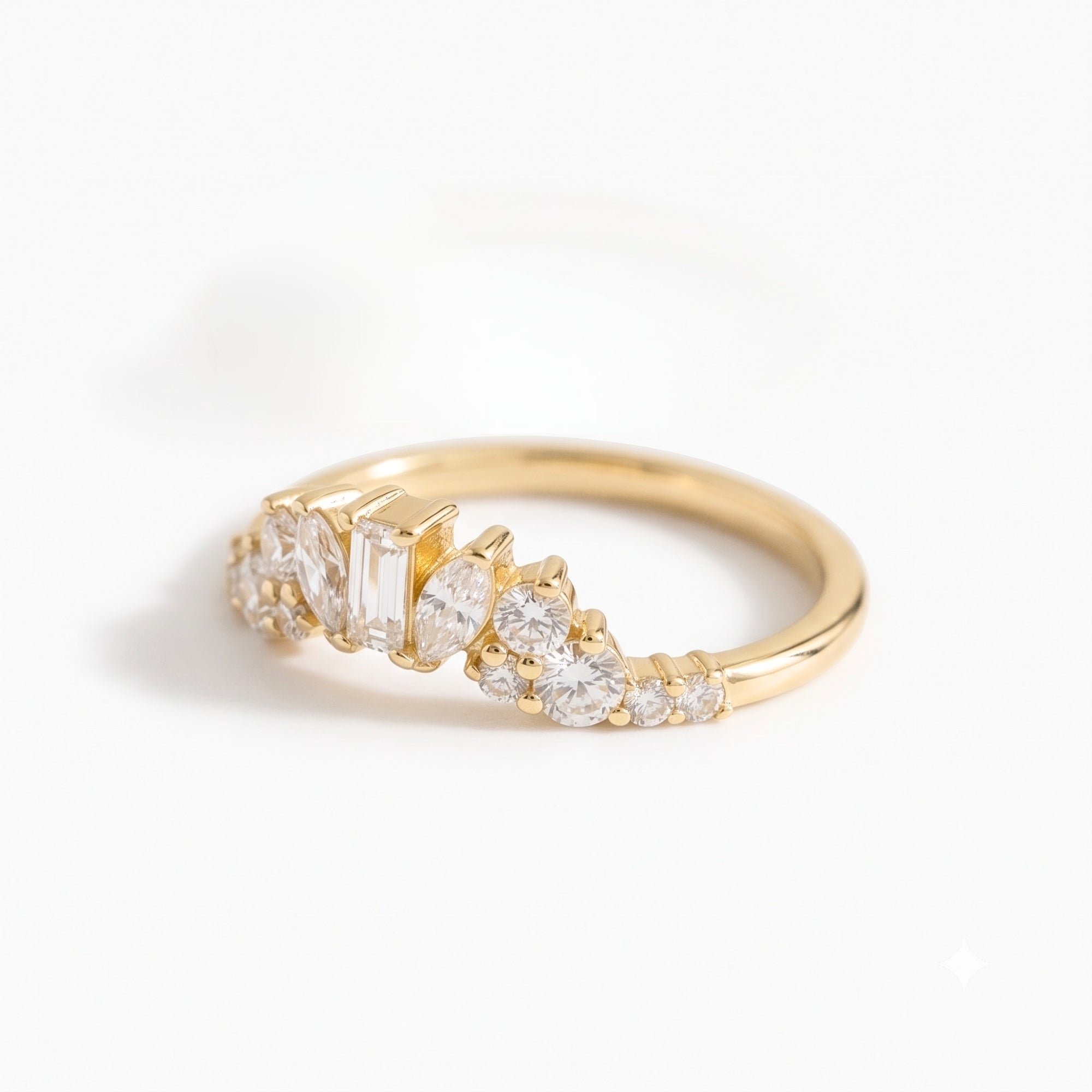 Lab Grown Diamond   Emerald Cut with Marquise and Round Diamond Accents Floral Cluster Wedding   Band in 14K Yellow Gold