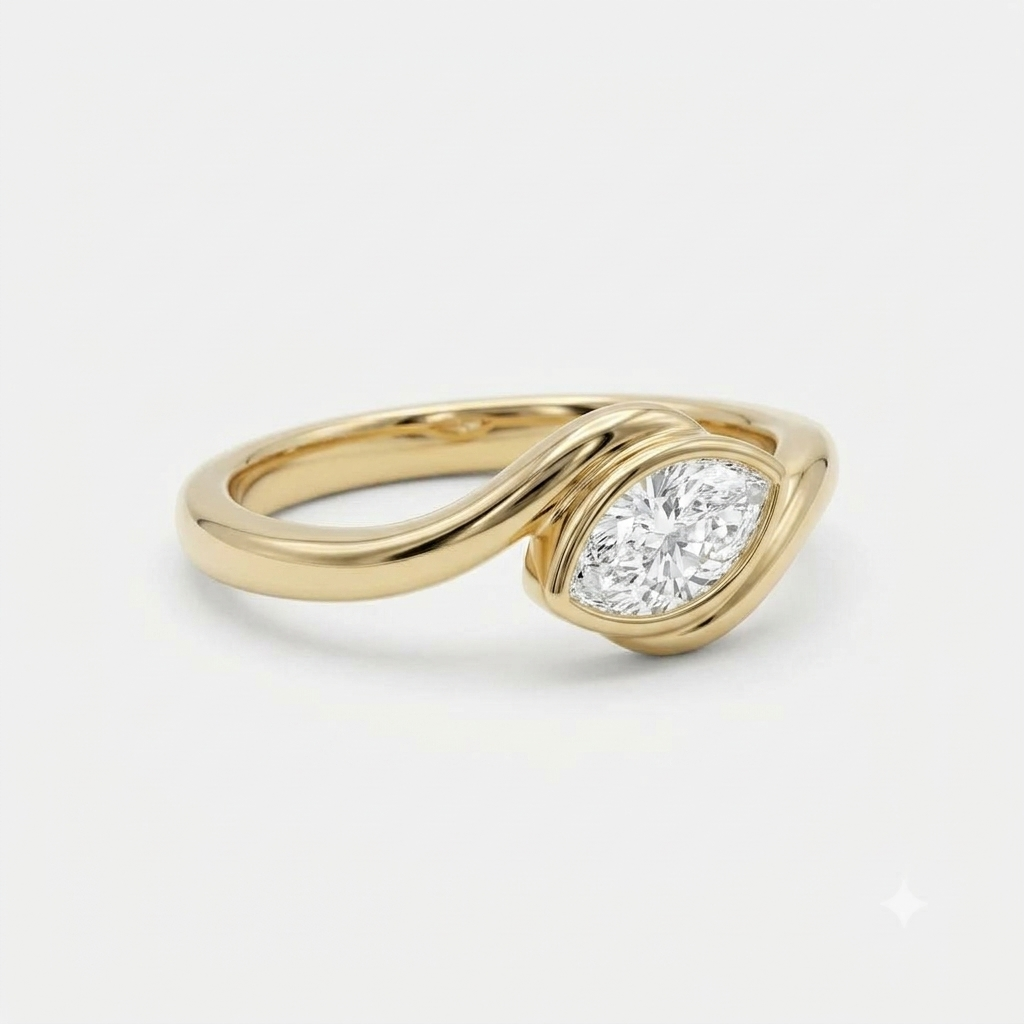 Lab Grown Diamond Marquise Cut East-West Bypass Bezel Engagement Ring IGI Certified in 14K Yellow Gold