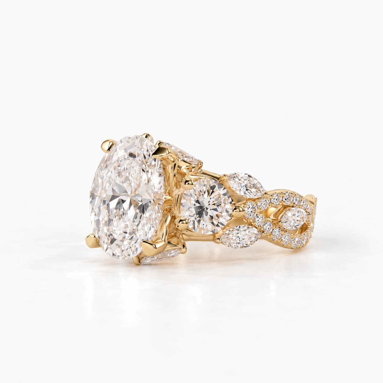 Lab Grown Diamond Oval Brilliant Cut Round and Marquise Cluster Side Accent Engagement Ring IGI Certified in 14K Yellow Gold