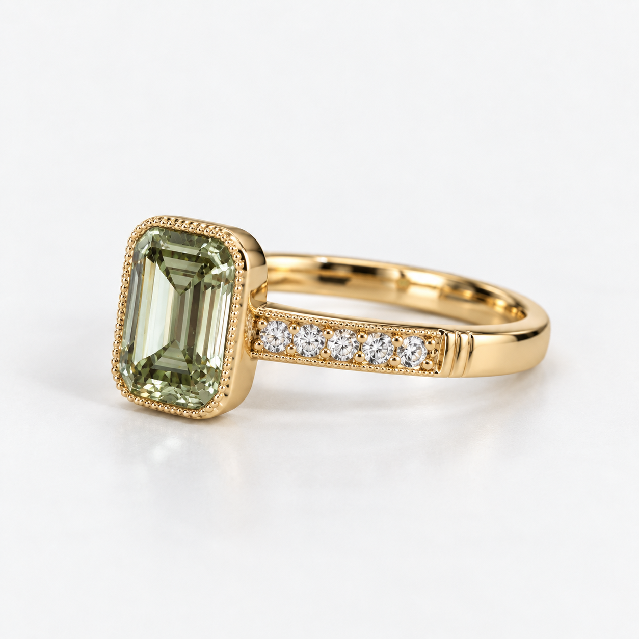Lab Grown Diamond Emerald Cut Olive Green Lab Grown Diamond Vintage Milgrain Bezel Set Engagement Ring with Pavé Diamond Band in 14K Yellow Gold
