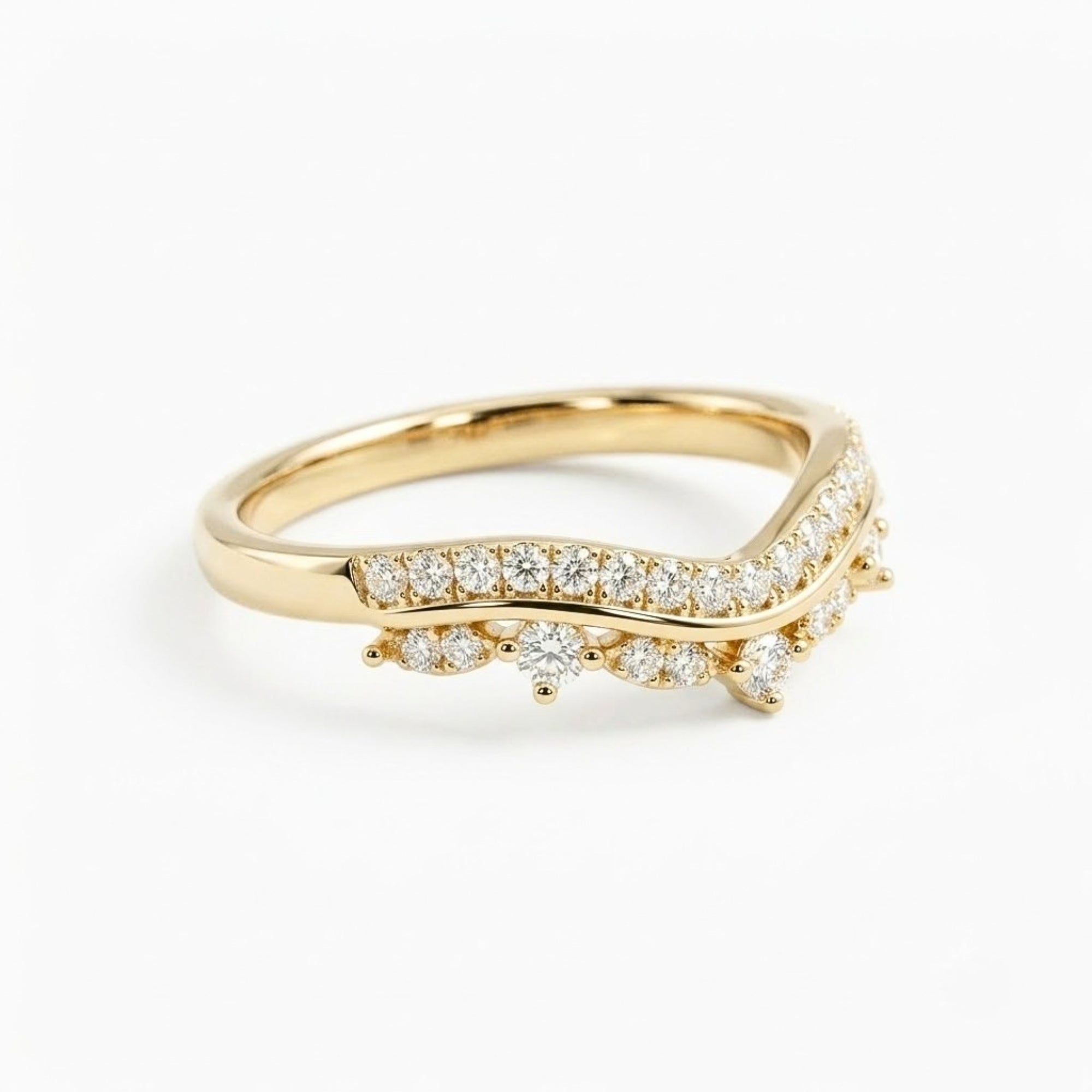 Lab Grown Diamond   Curved Chevron Pave Wedding Band with Round Diamond Accents in 14K Yellow   Gold
