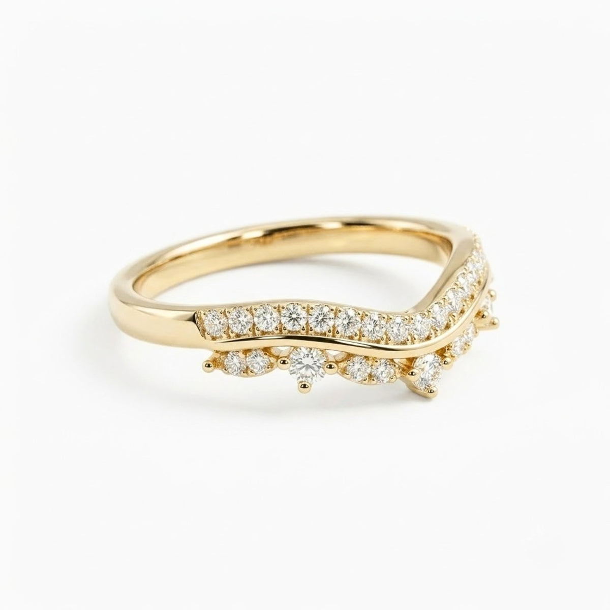 Lab Grown Diamond   Curved Chevron Pave Wedding Band with Round Diamond Accents in 14K Yellow   Gold