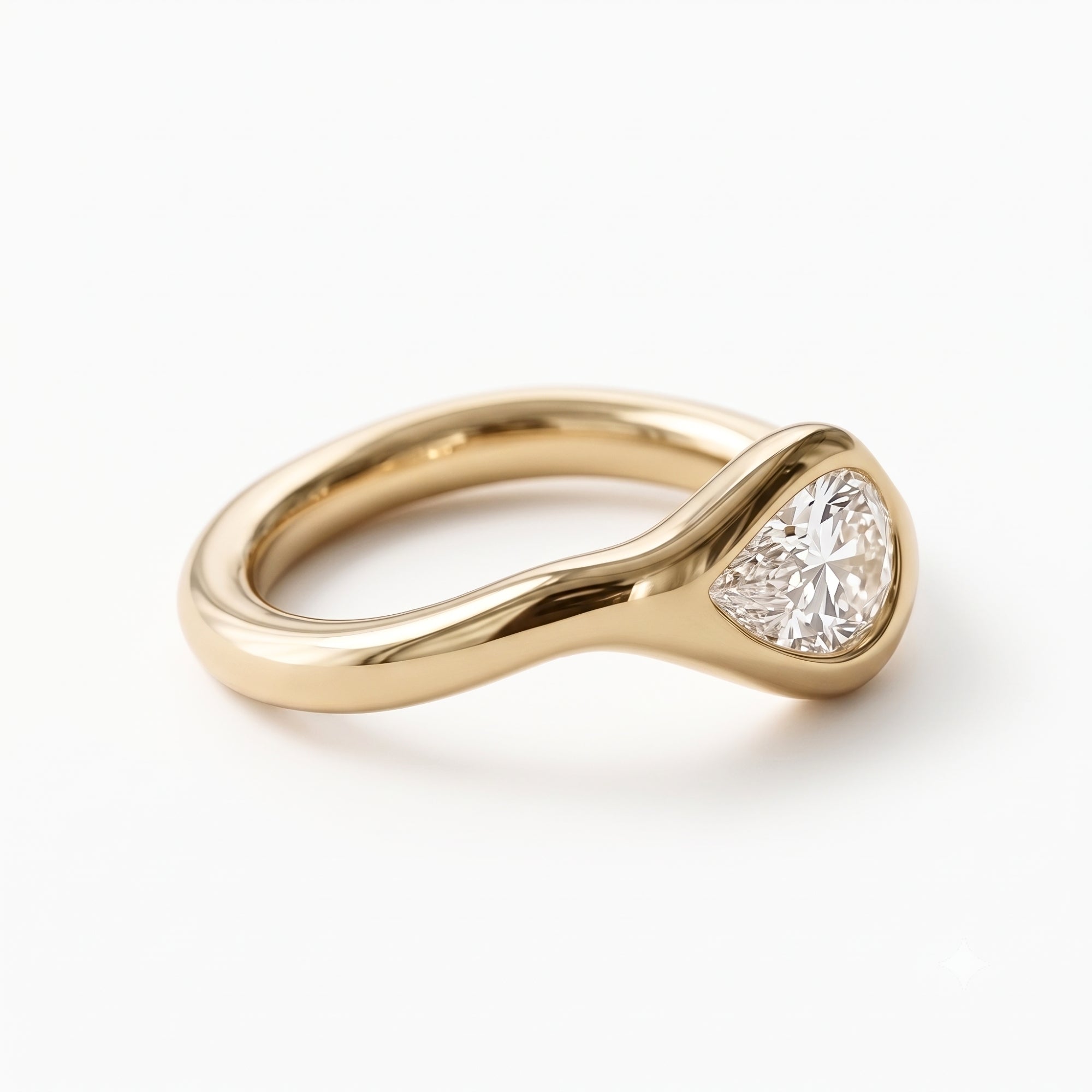Lab Grown Diamond Pear Cut East-West Organic Wavy Bezel Engagement Ring IGI Certified in 14K Yellow Gold