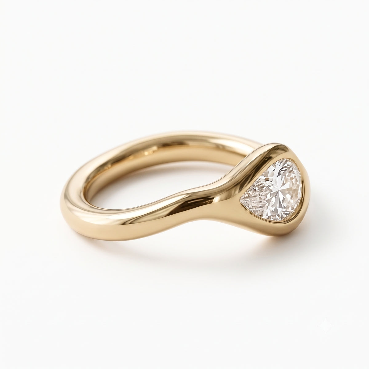 Lab Grown Diamond Pear Cut East-West Organic Wavy Bezel Engagement Ring IGI Certified in 14K Yellow Gold