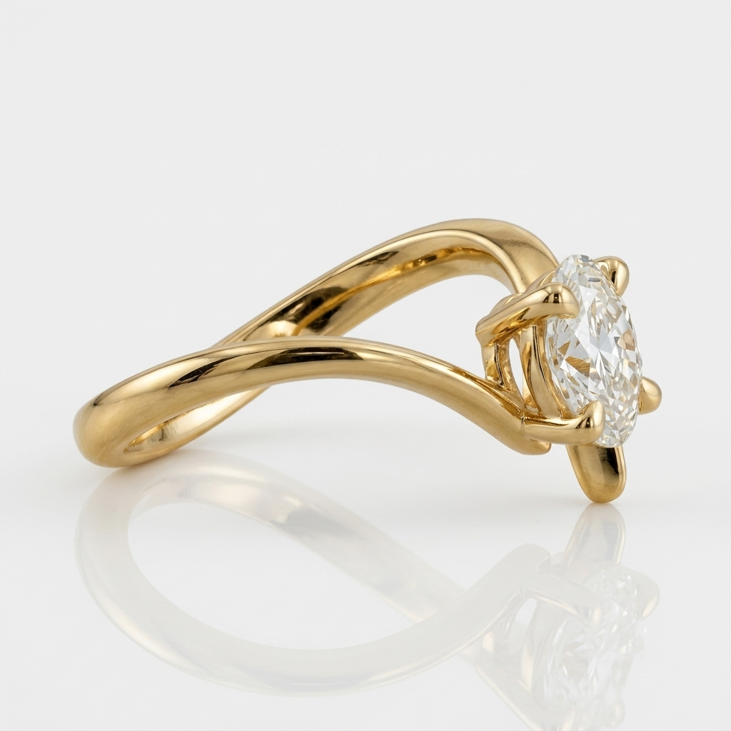 Lab Grown Diamond Oval Cut Chevron Curved Solitaire Engagement Ring IGI Certified in 14K Yellow Gold