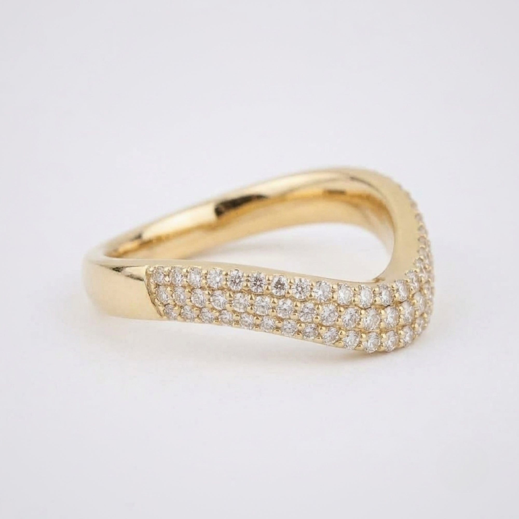 Lab Grown Diamond Triple Row Pave V Shaped Chevron Band Ring in 14K Yellow Gold