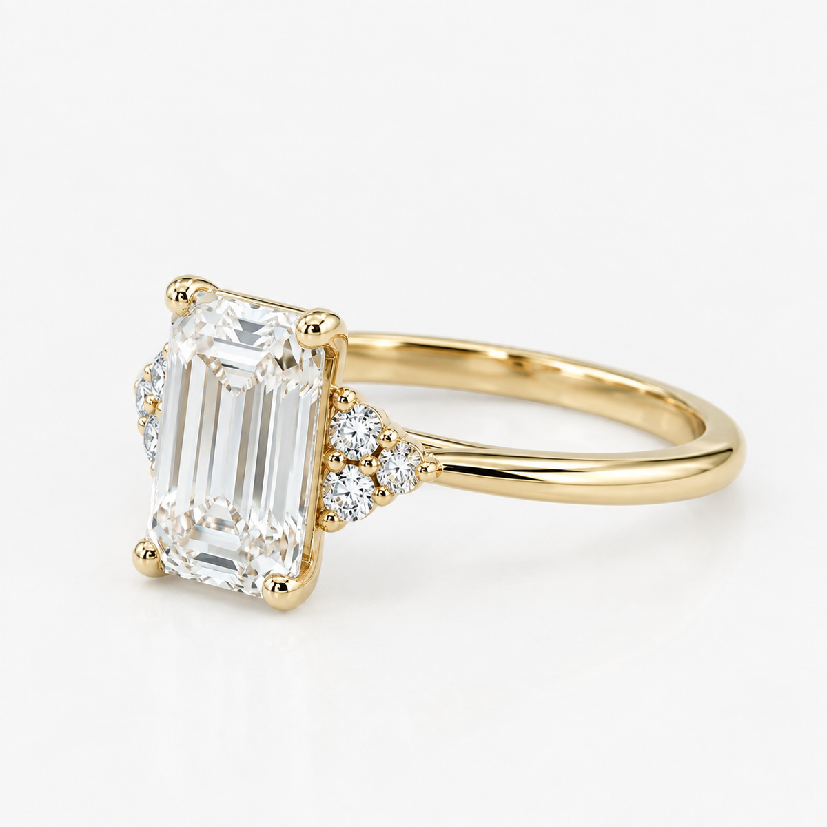 Lab Grown Diamond  Emerald Cut Cluster Side Stone Engagement Ring IGI Certified in 14K Yellow Gold