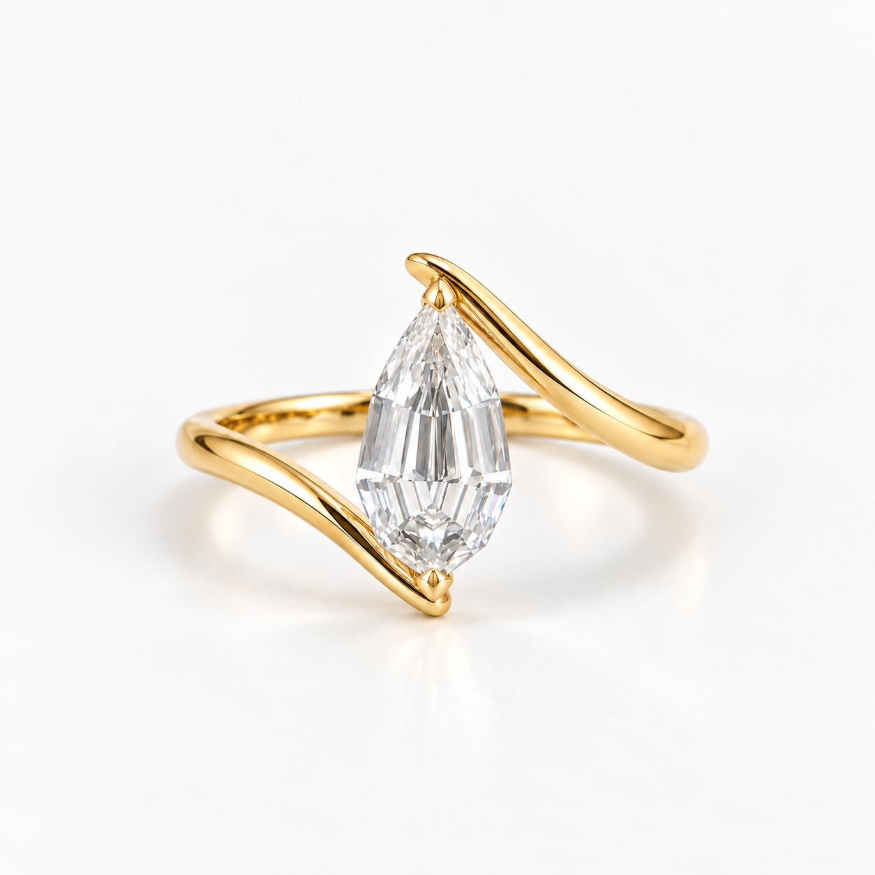 Lab Grown Diamond Pear Step Cut Modern Bypass Wave Solitaire Engagement Ring IGI Certified in 14K Yellow Gold