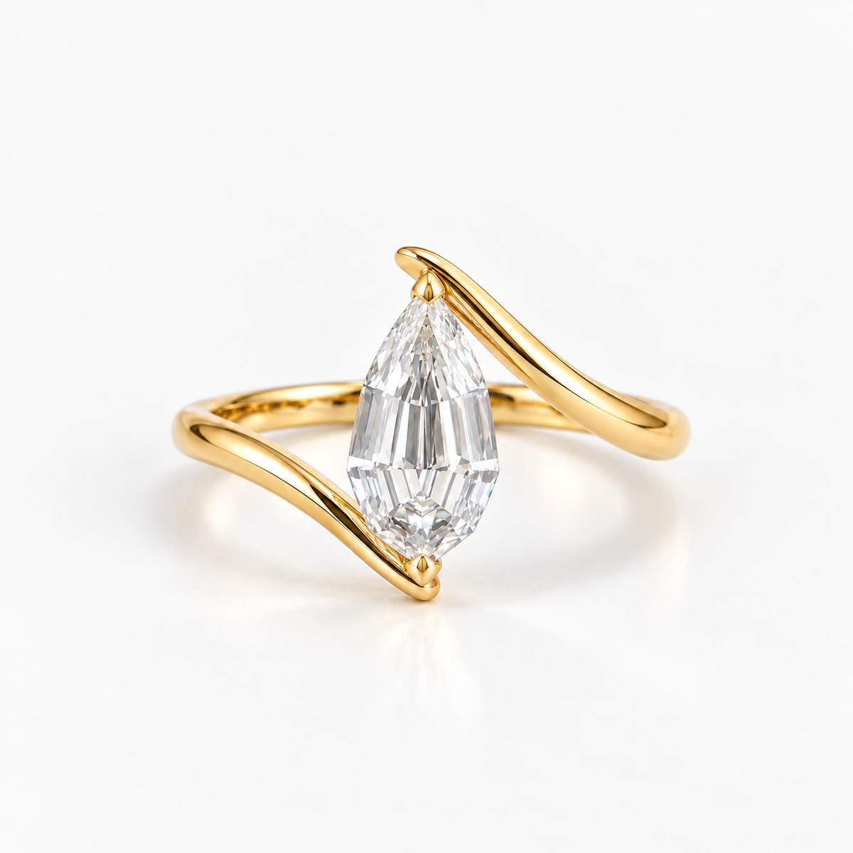 Lab Grown Diamond Pear Step Cut Modern Bypass Wave Solitaire Engagement Ring IGI Certified in 14K Yellow Gold