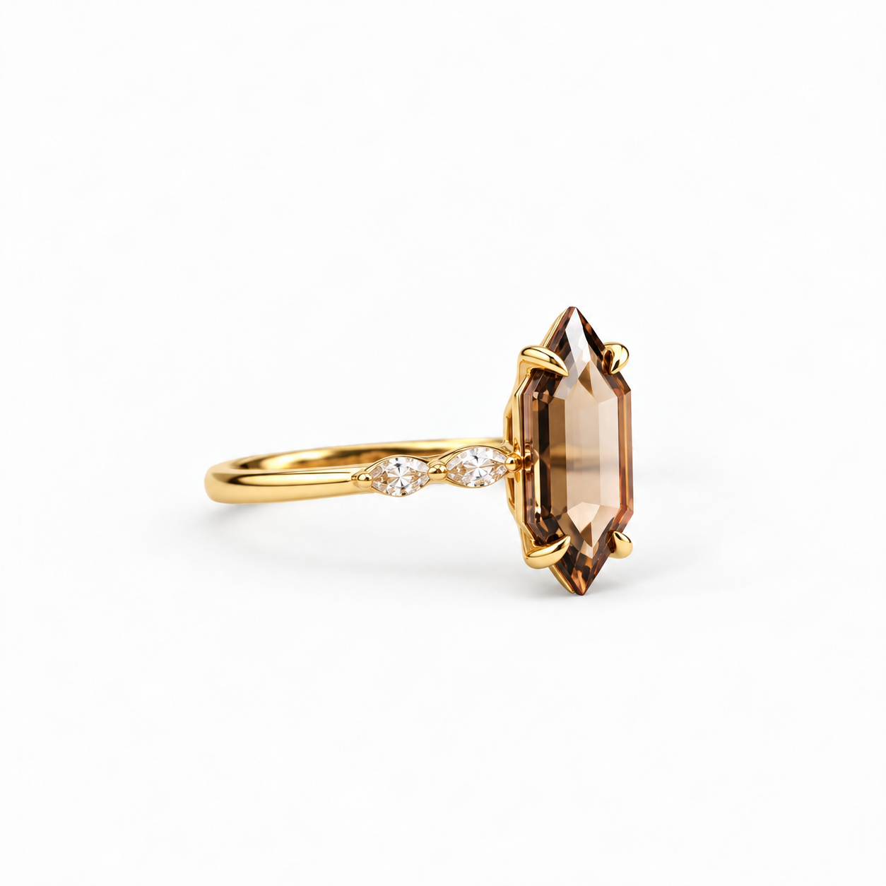 Lab Grown Diamond Champagne Elongated Hexagon Portrait Cut Marquise Side Accent Band Engagement Ring IGI Certified in 14K Yellow Gold