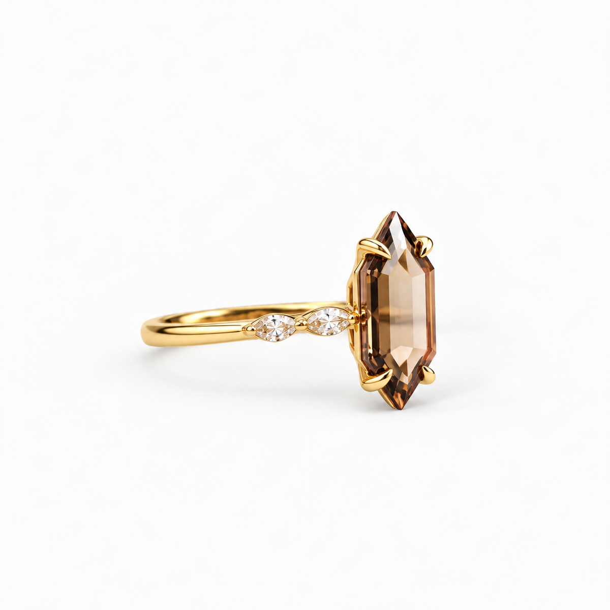 Lab Grown Diamond Champagne Elongated Hexagon Portrait Cut Marquise Side Accent Band Engagement Ring IGI Certified in 14K Yellow Gold